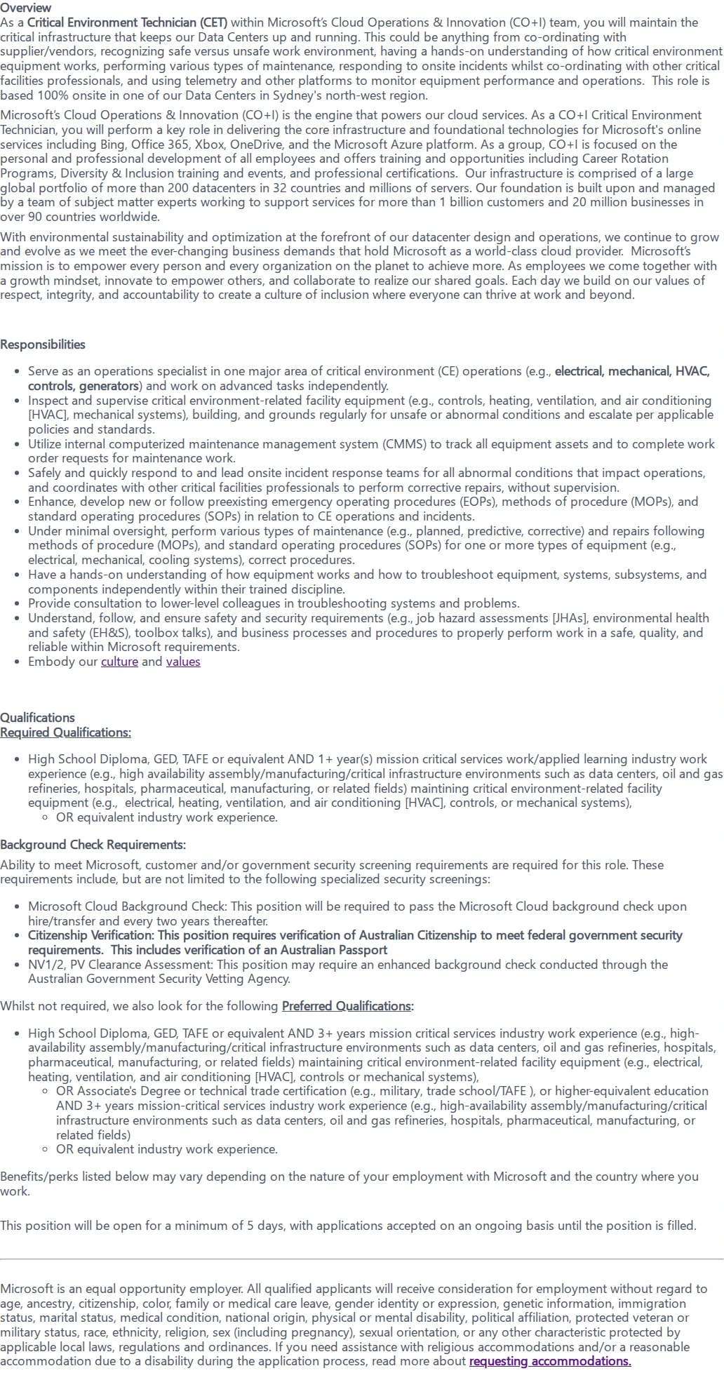 마이크로소프트(Microsoft) Critical Environment Technician 채용공고