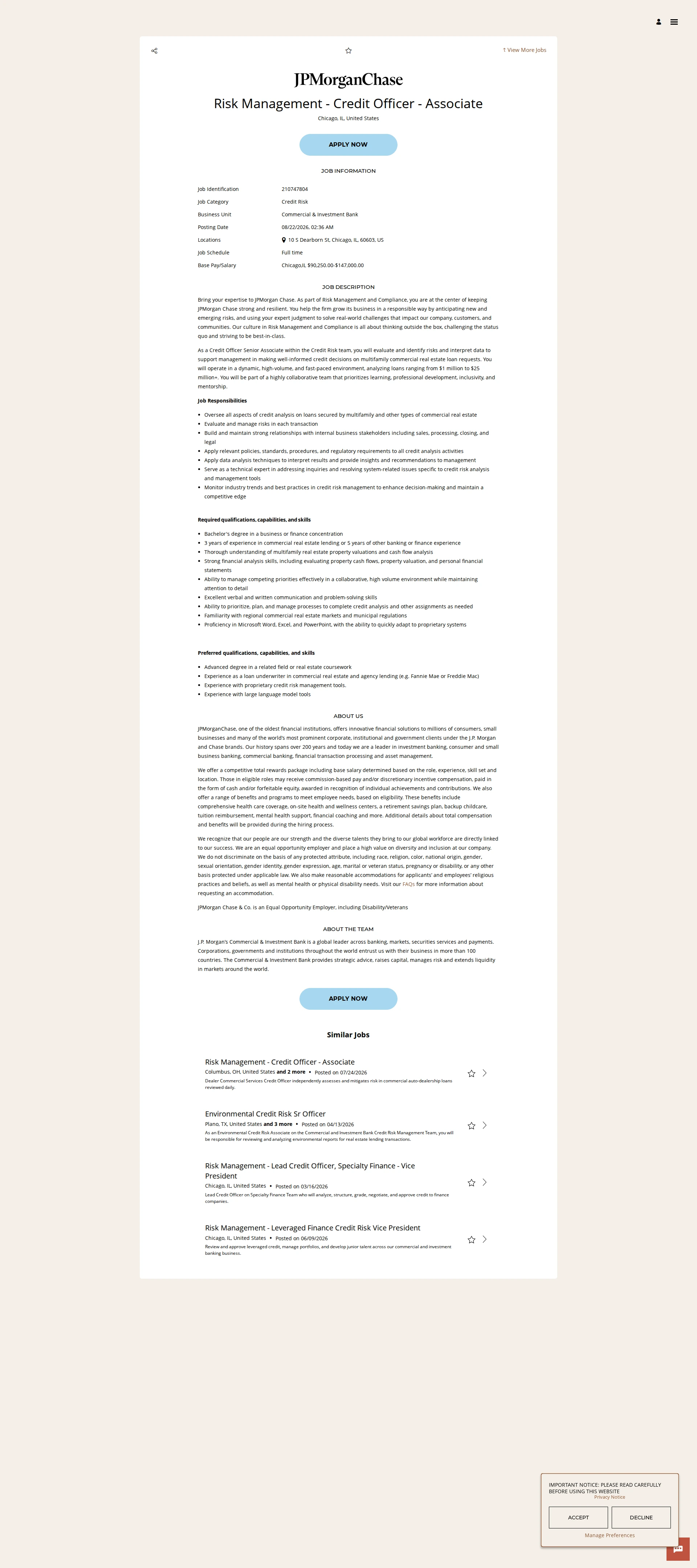 JPMorganChase Risk Management - Credit Officer - Associate 채용공고