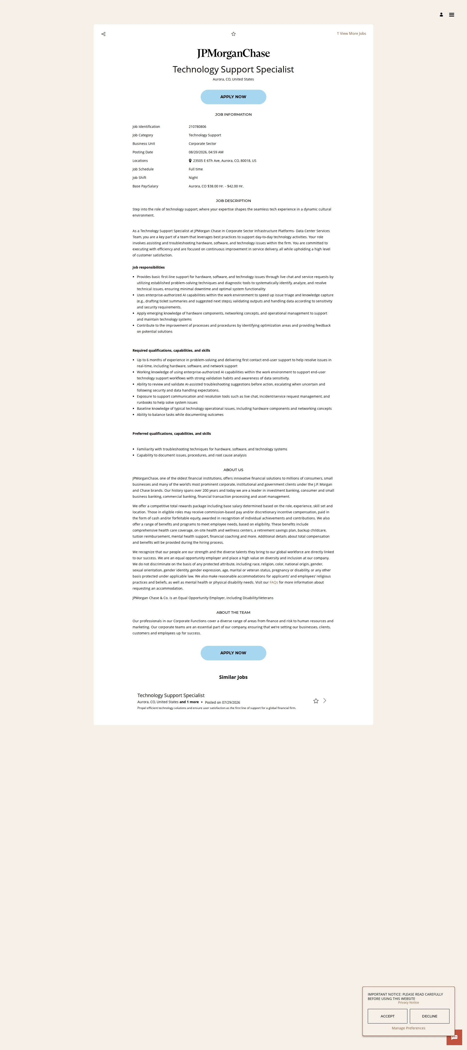 JPMorganChase Technology Support Specialist 채용공고