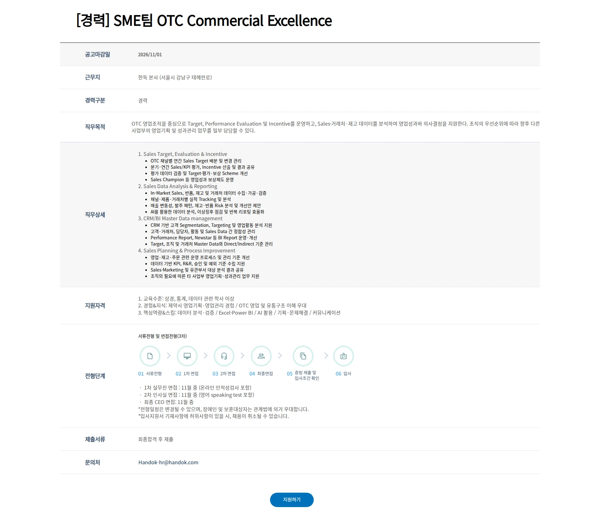 한독 [경력] SME팀 OTC Commercial Excellence 채용공고