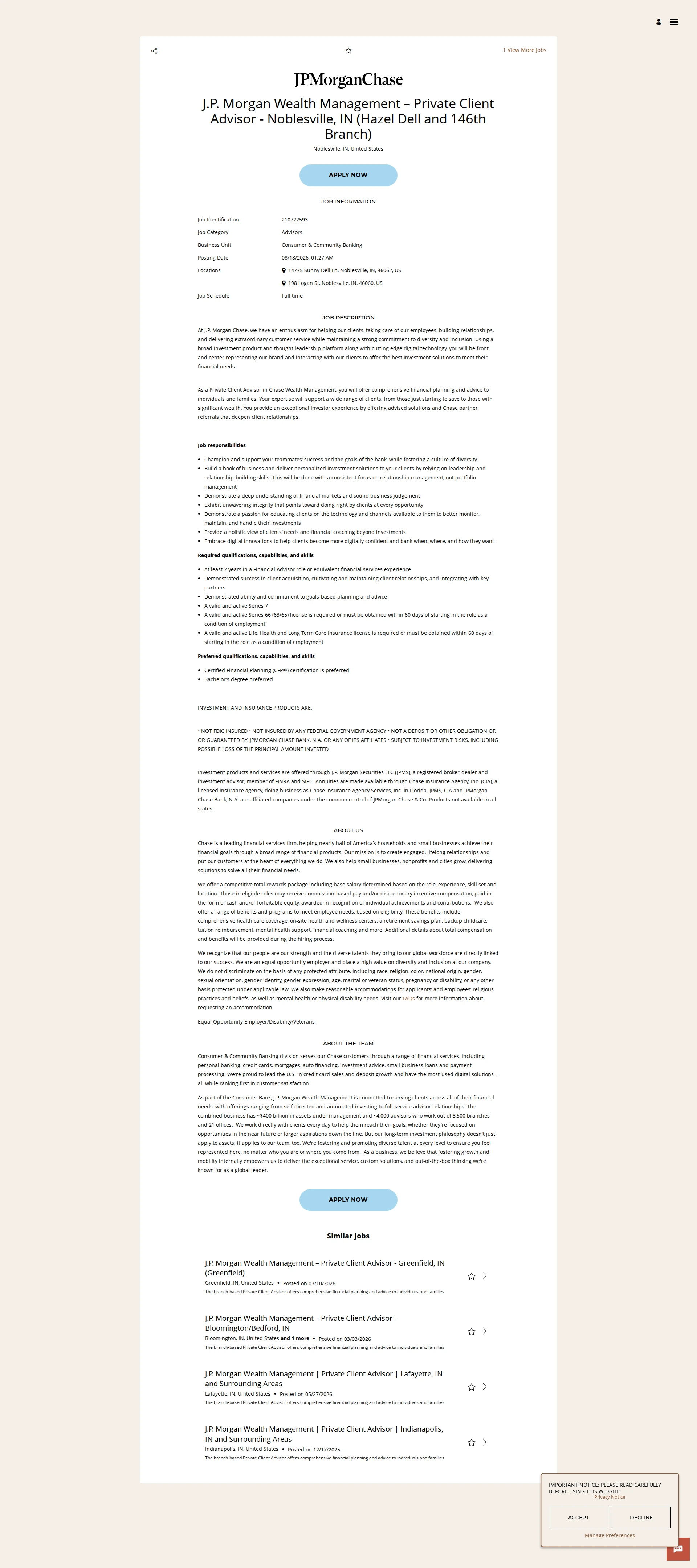 JPMorganChase J.P. Morgan Wealth Management – Private Client Advisor - Noblesville, IN (Hazel Dell and 146th Branch) 채용공고