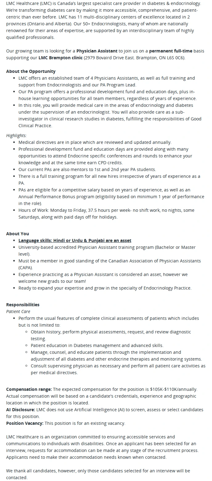 LMC Healthcare Physician Assistant 채용공고