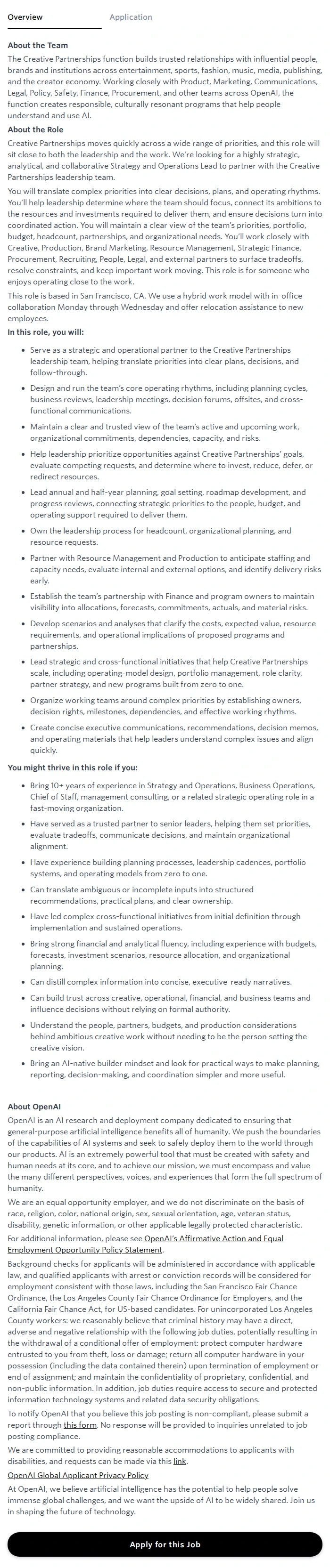 오픈에이아이(OpenAI) Strategy and Operations Lead, Creative Partnerships 채용공고