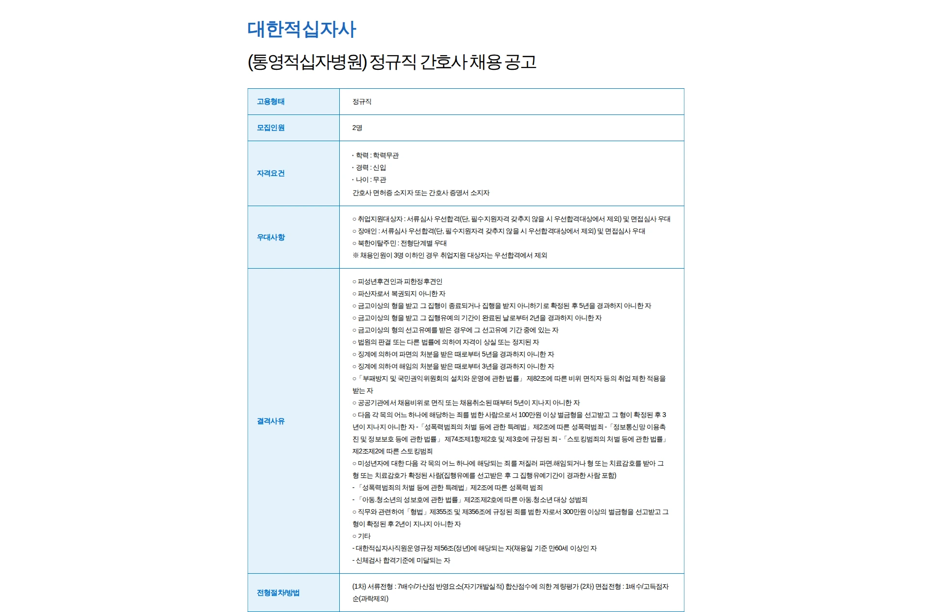 대한적십자사 (통영적십자병원) 정규직 간호사 채용 공고 채용공고