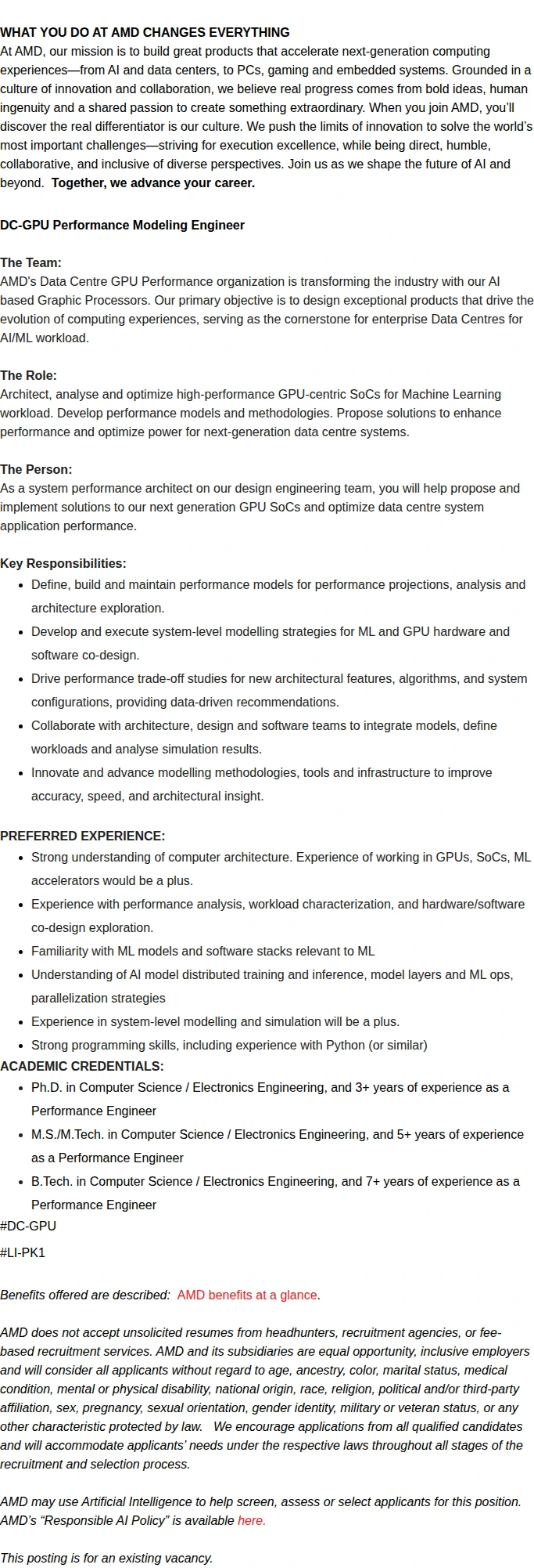 AMD DC-GPU Performance Modeling Engineer 채용공고