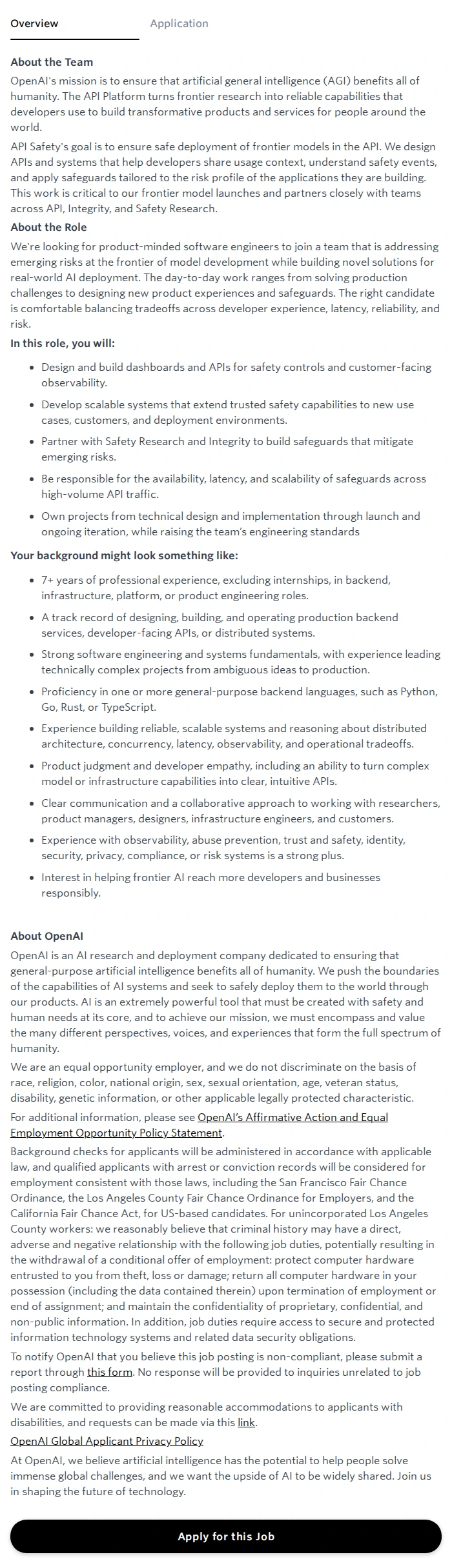 오픈에이아이(OpenAI) Software Engineer, API Safety 채용공고