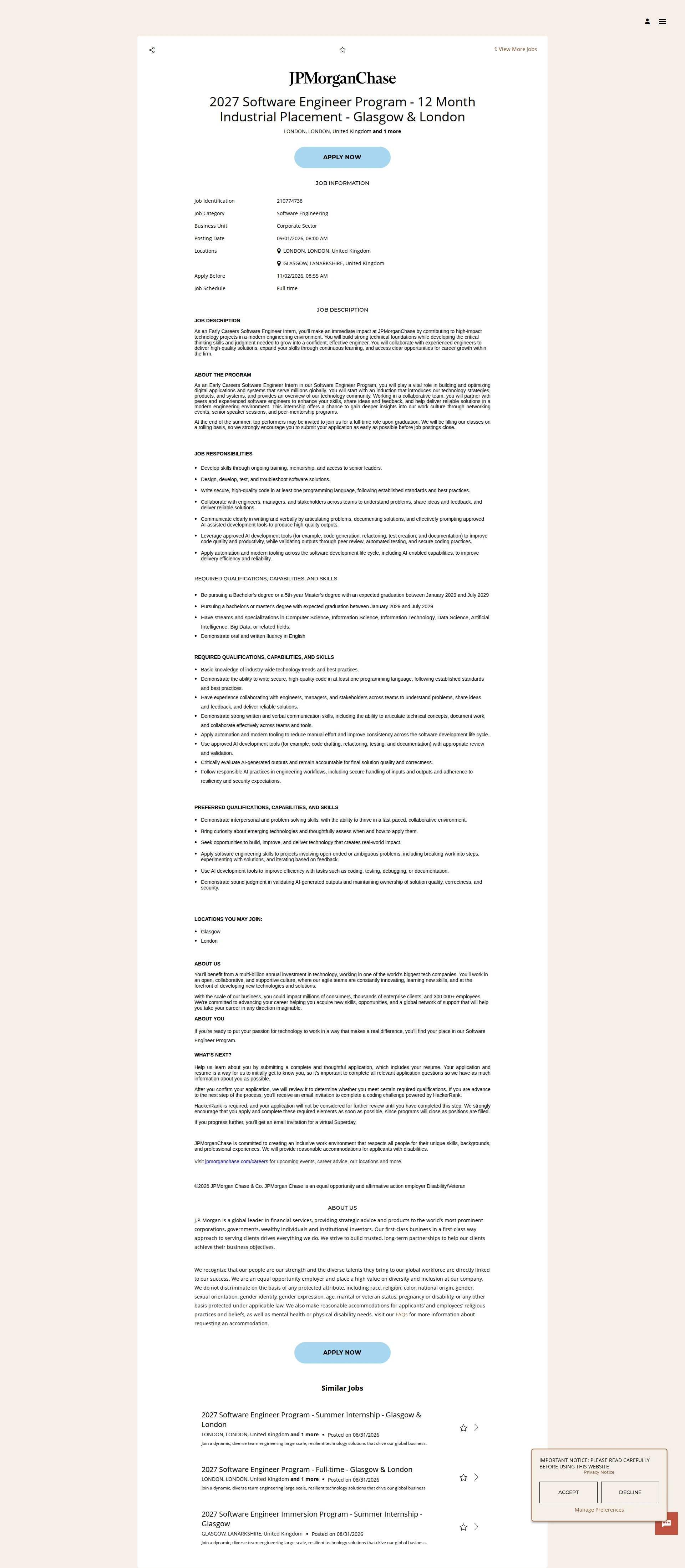JPMorganChase 2027 Software Engineer Program - 12 Month Industrial Placement - Glasgow & London 채용공고