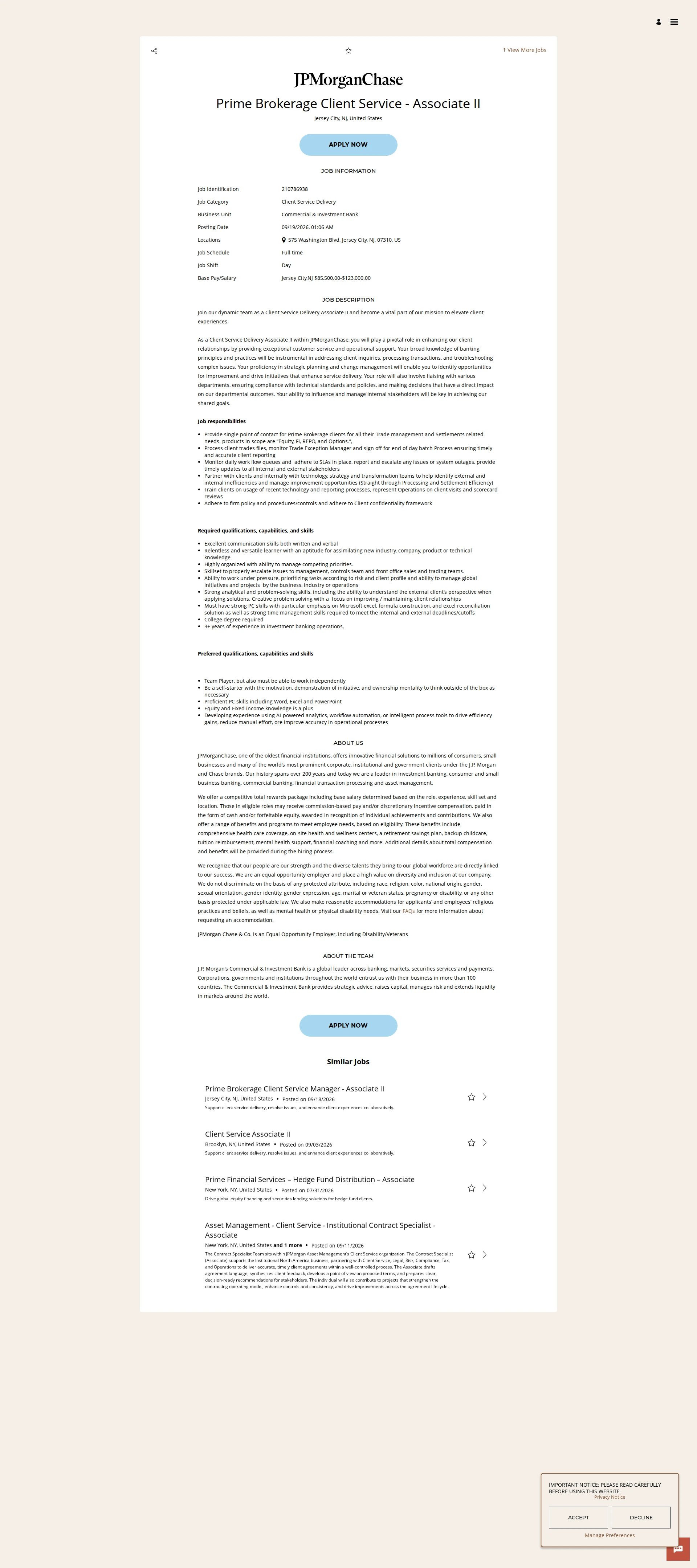 JPMorganChase Prime Brokerage Client Service - Associate II 채용공고