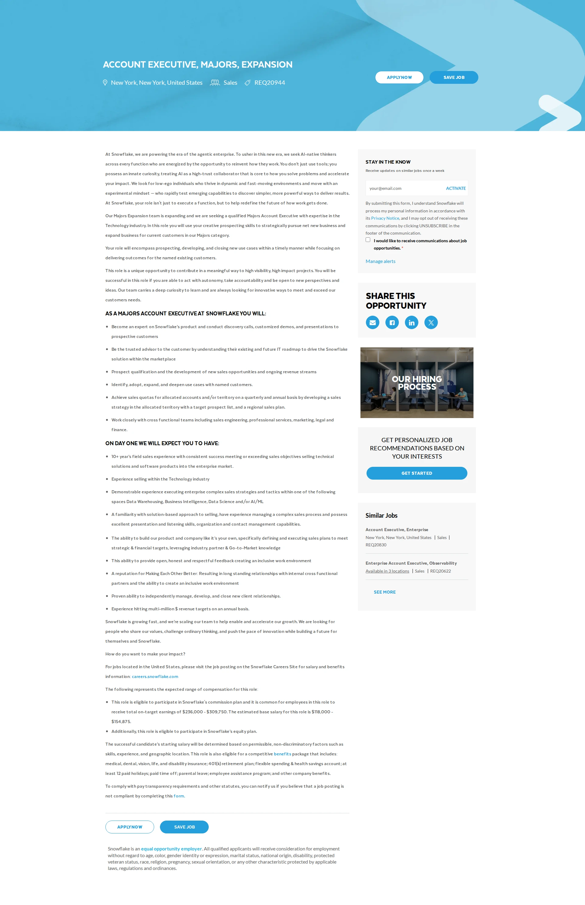 스노우플레이크 Account Executive, Majors, Expansion 채용공고