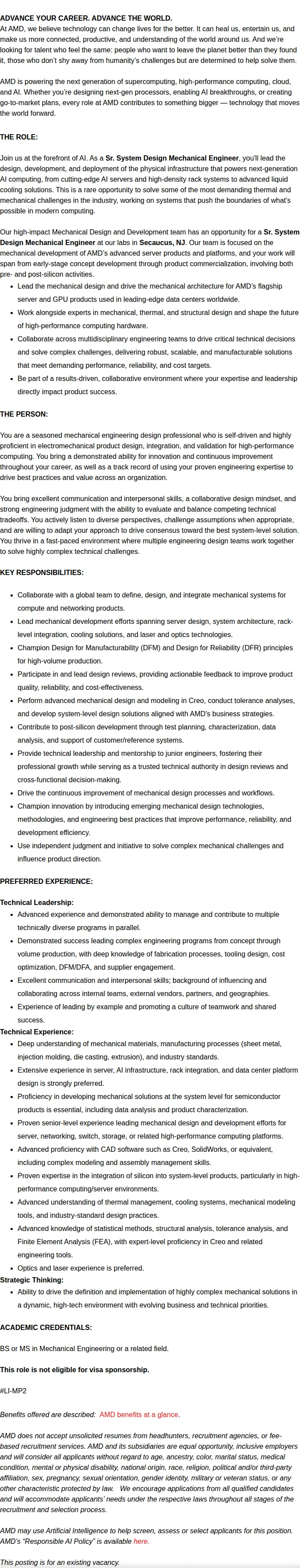 AMD Sr. System Design Mechanical Engineer 채용공고