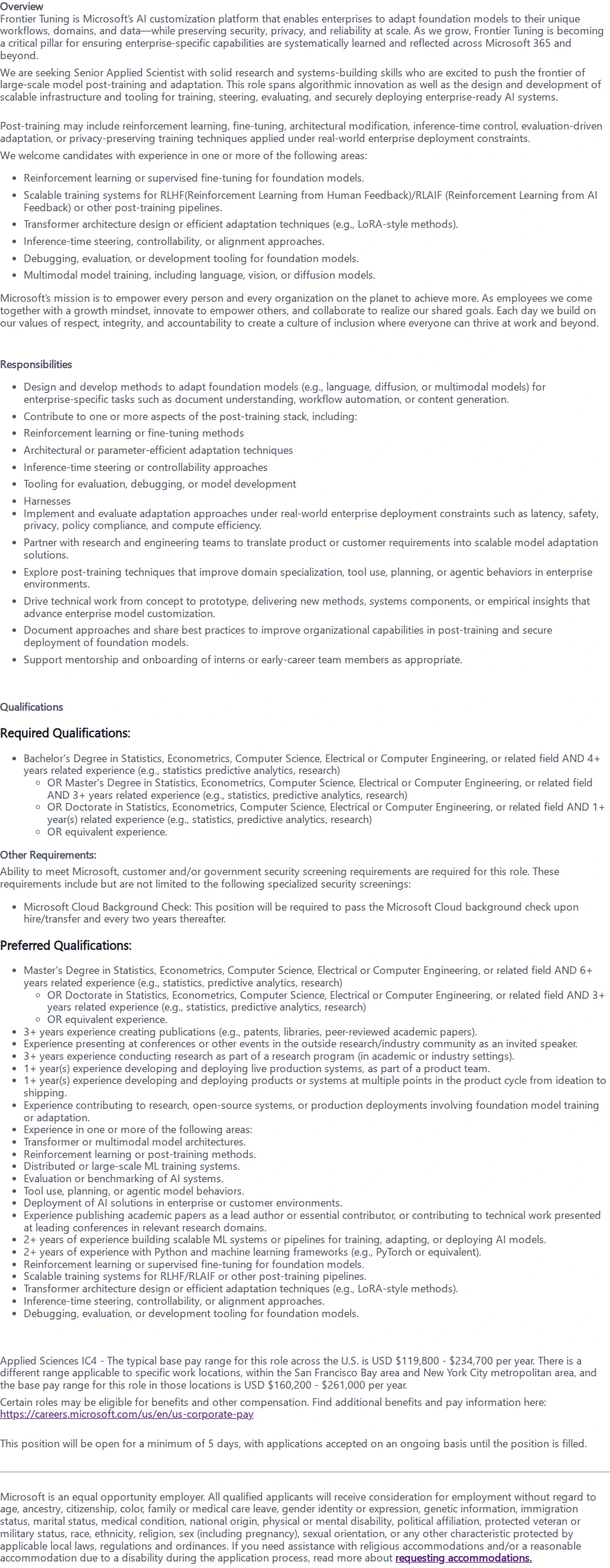 마이크로소프트(Microsoft) Senior Applied Scientist 채용공고