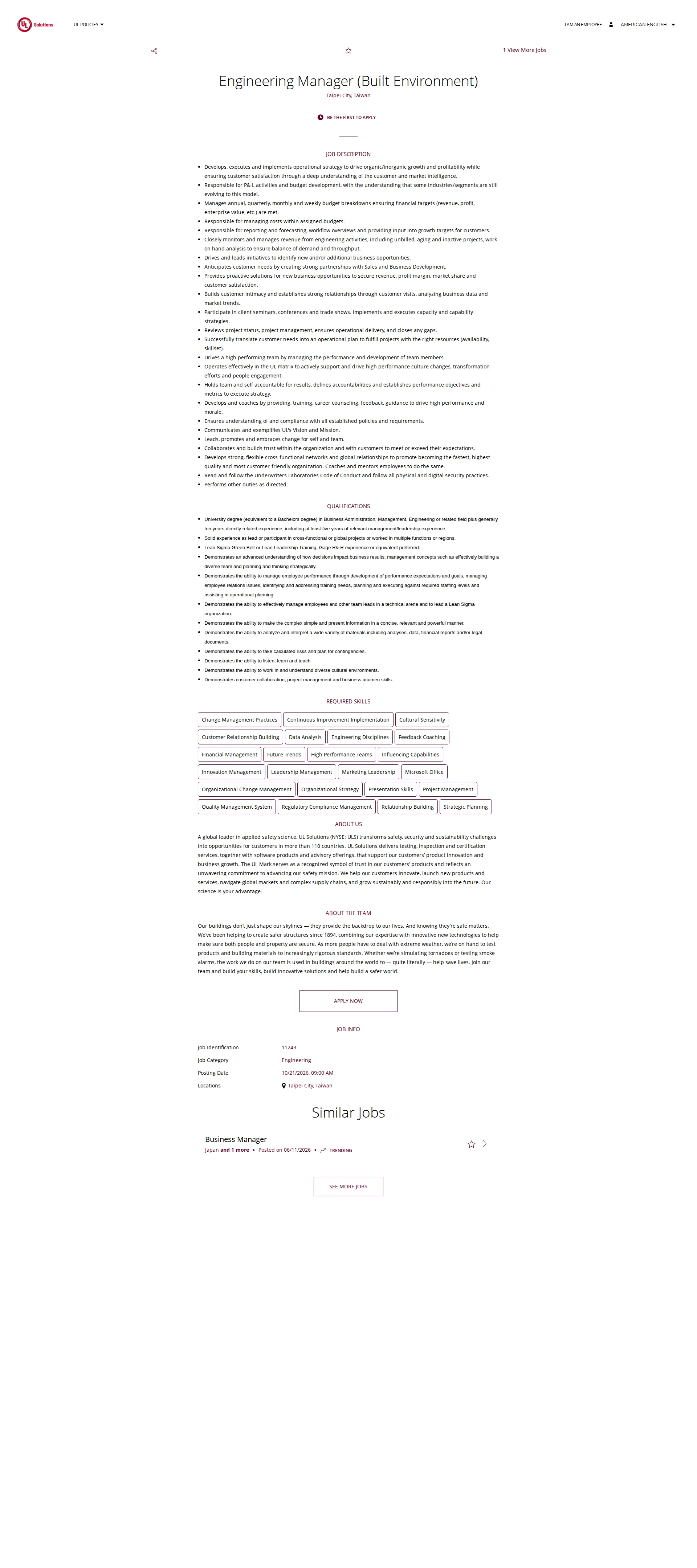 UL Solutions Engineering Manager (Built Environment) 채용공고