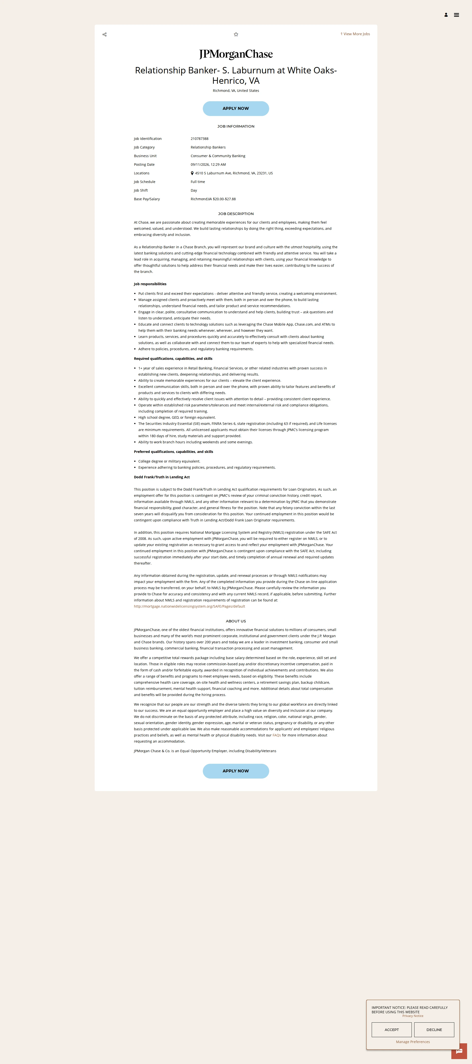 JPMorganChase Relationship Banker- S. Laburnum at White Oaks- Henrico, VA 채용공고