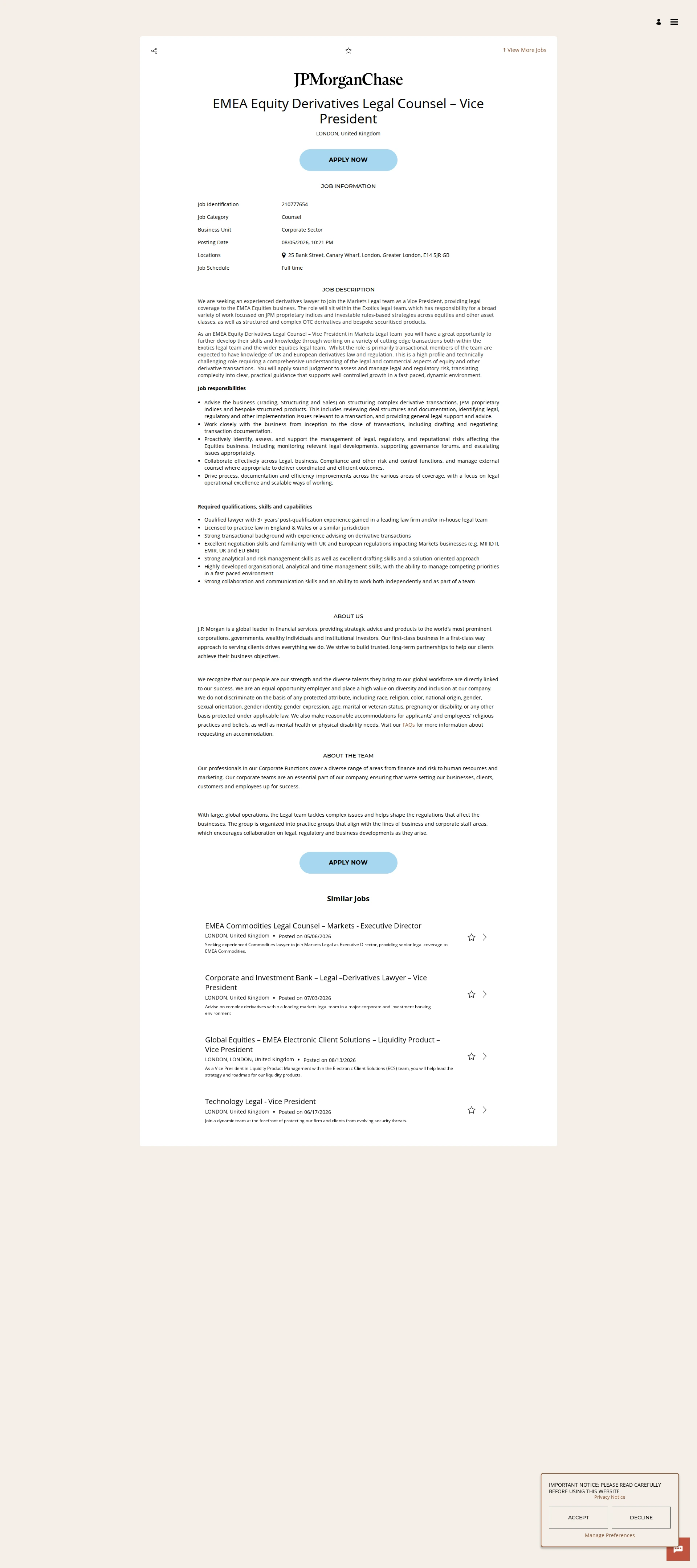JPMorganChase EMEA Equity Derivatives Legal Counsel – Vice President 채용공고