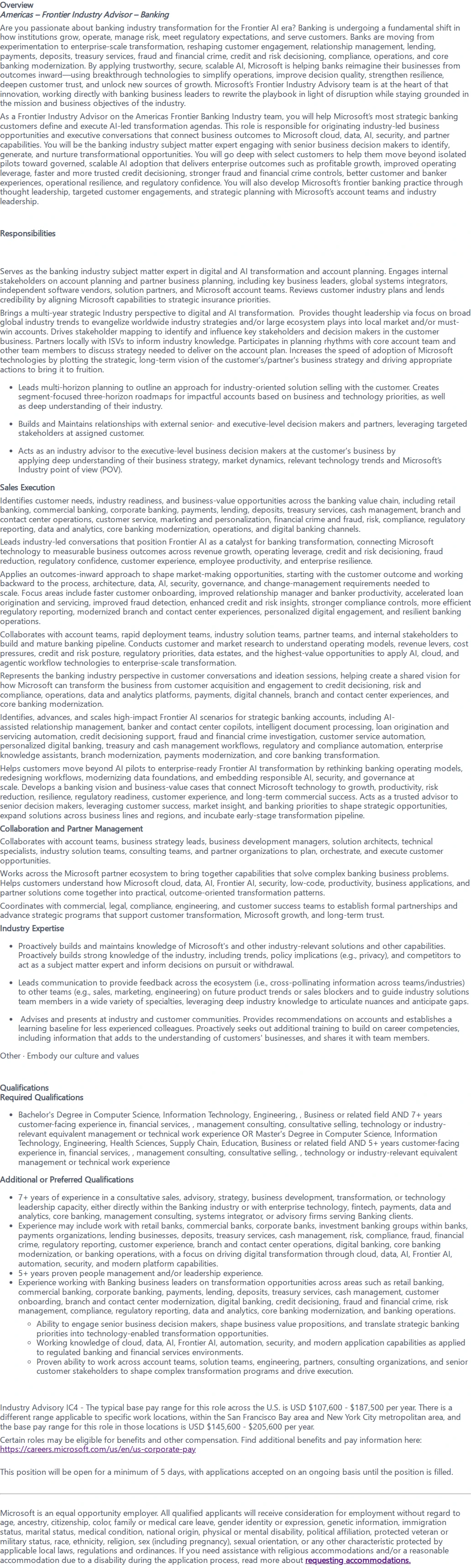 마이크로소프트(Microsoft) Americas - Frontier Industry Advisor - Banking 채용공고