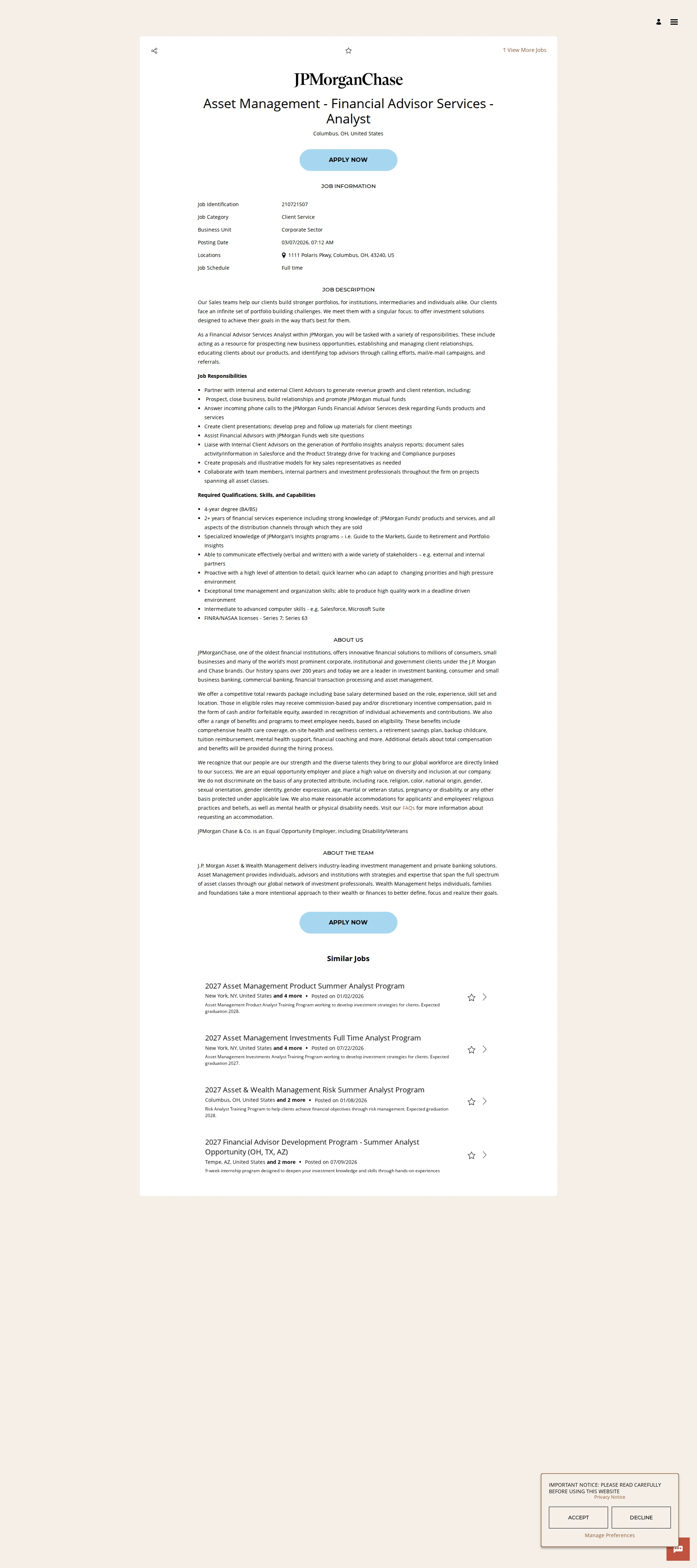 JPMorganChase Asset Management - Financial Advisor Services - Analyst 채용공고