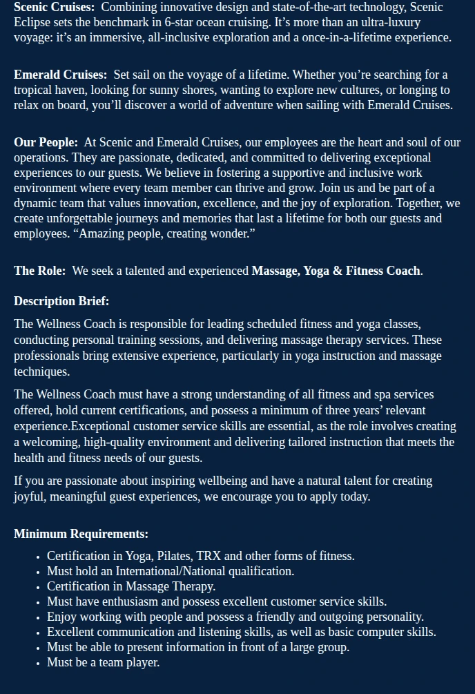 Scenic Tours Europe AG Wellness Coach - Massage, Yoga & Fitness (Ocean) 채용공고