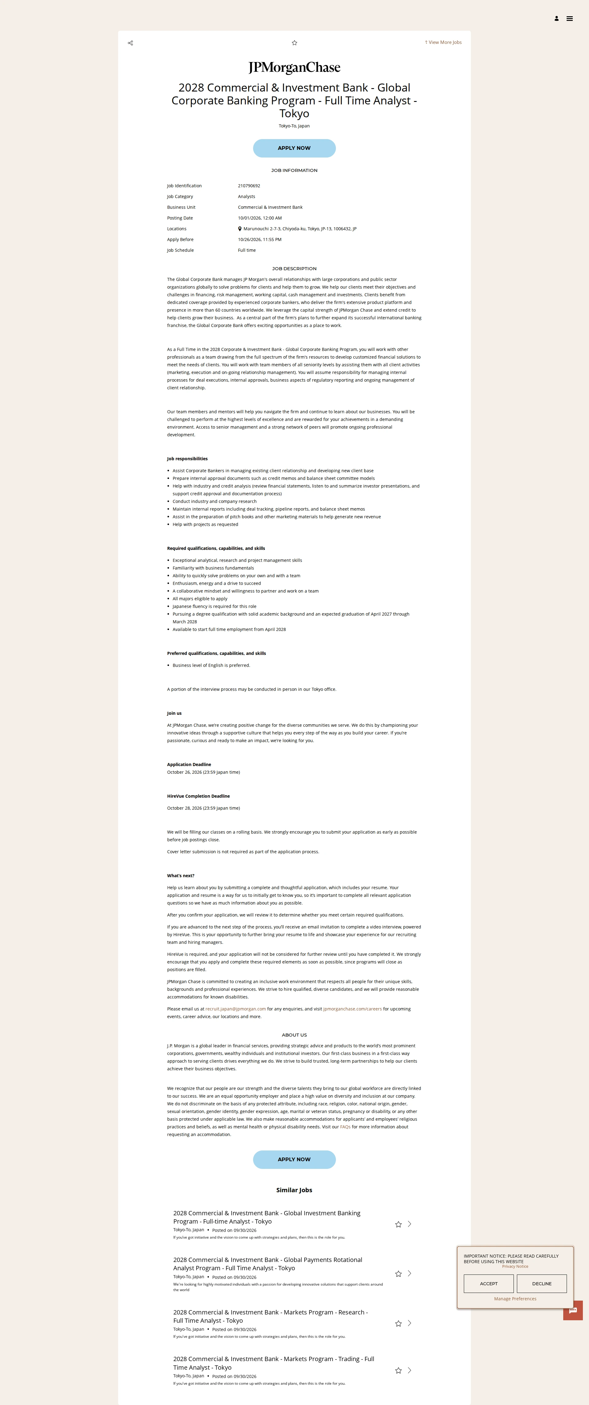 JPMorganChase 2028 Commercial & Investment Bank - Global Corporate Banking Program - Full Time Analyst - Tokyo 채용공고