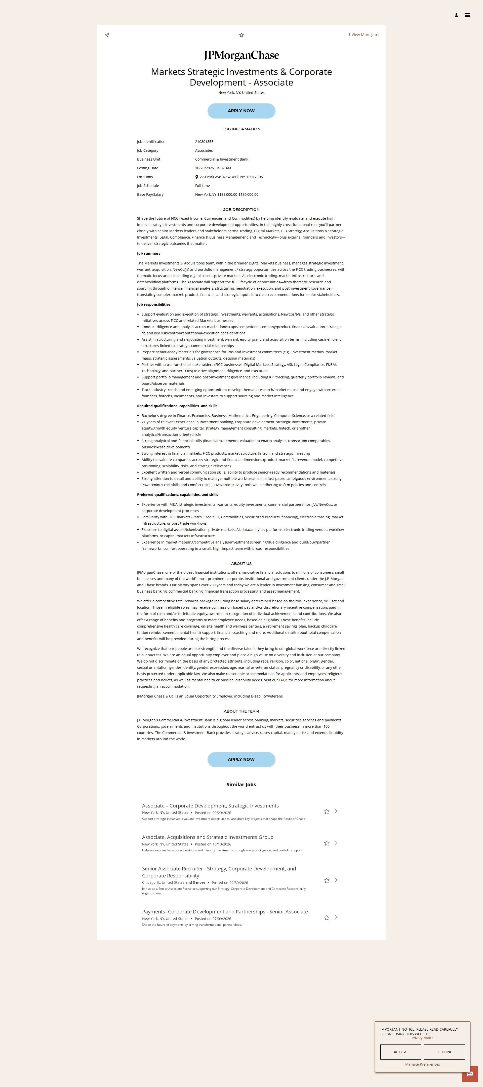 JPMorganChase Markets Strategic Investments & Corporate Development - Associate 채용공고