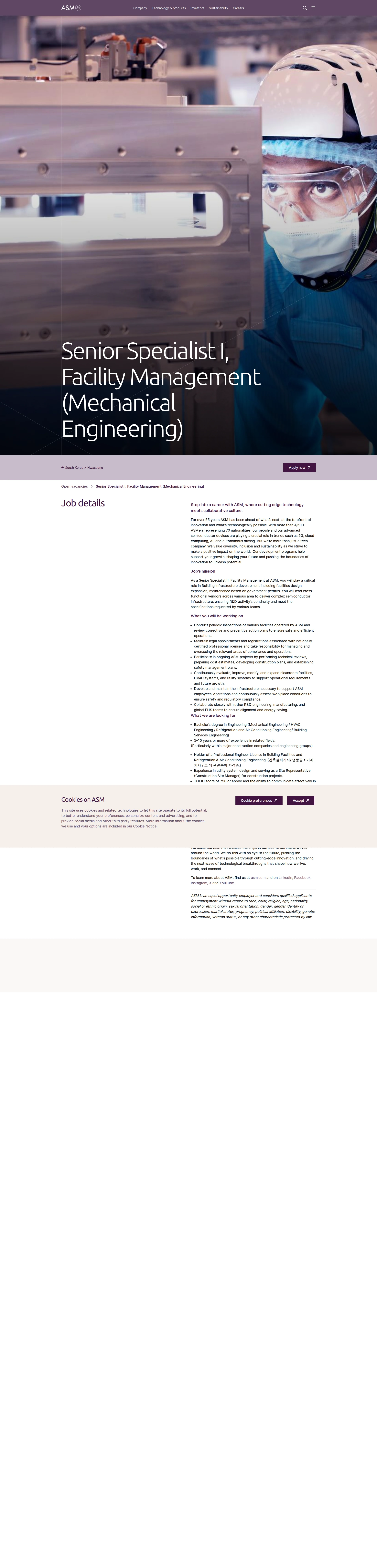 ASM Senior Specialist I, Facility Management (Mechanical Engineering) 채용공고