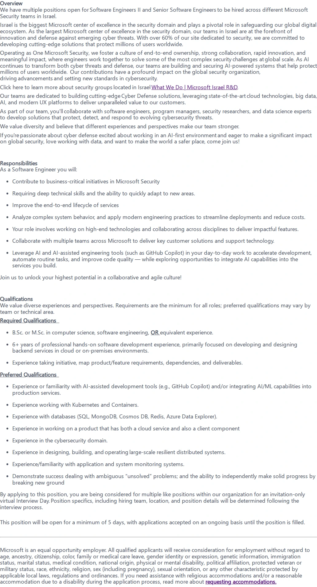 마이크로소프트(Microsoft) Senior Software Engineer and Principal Software Engineer - Microsoft Security - Multiple roles 채용공고