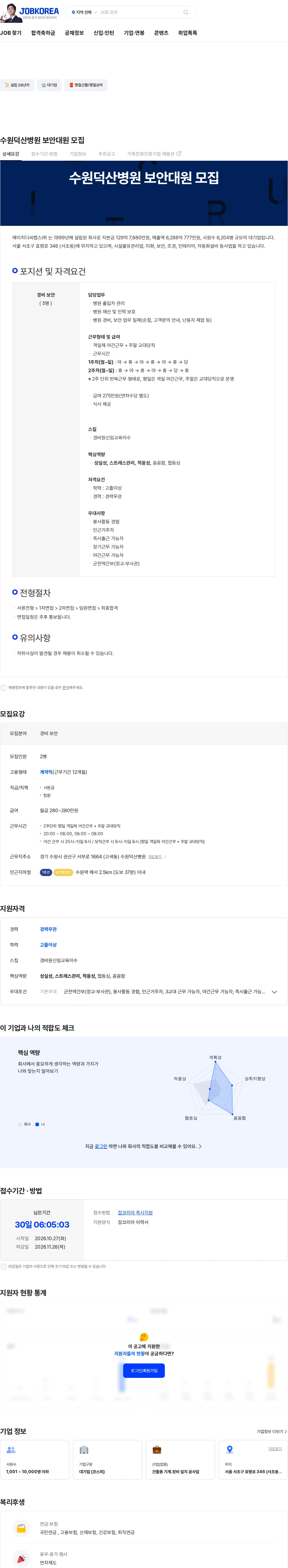 HDC랩스 수원덕산병원 보안대원 모집 채용공고
