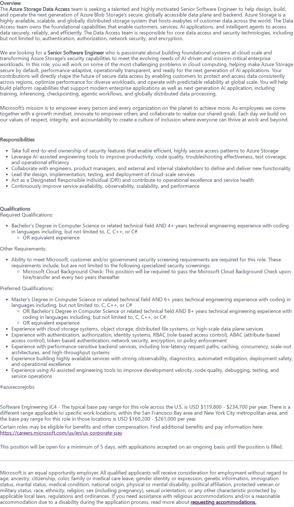 마이크로소프트(Microsoft) Senior Software Engineer - Azure Storage Data Access 채용공고