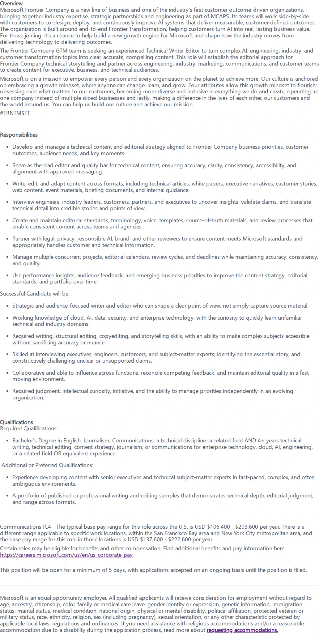 마이크로소프트(Microsoft) Technical Writer - Editor, Microsoft Frontier Company 채용공고