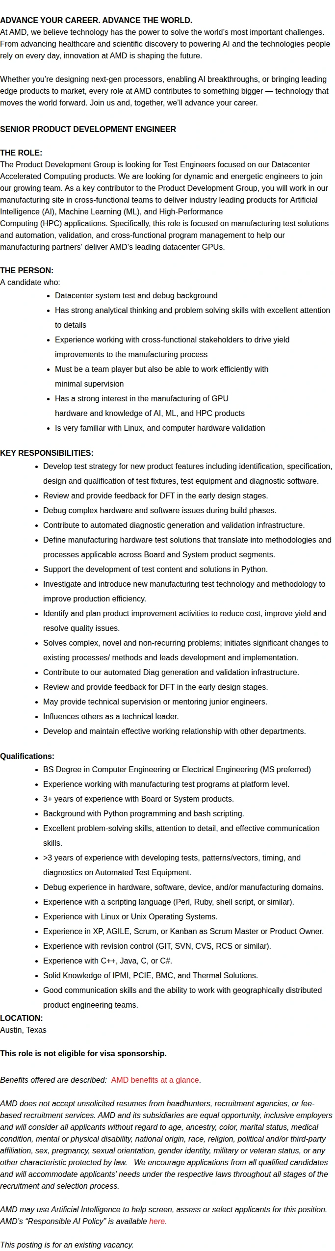 AMD Sr. Product Development Engineer 채용공고