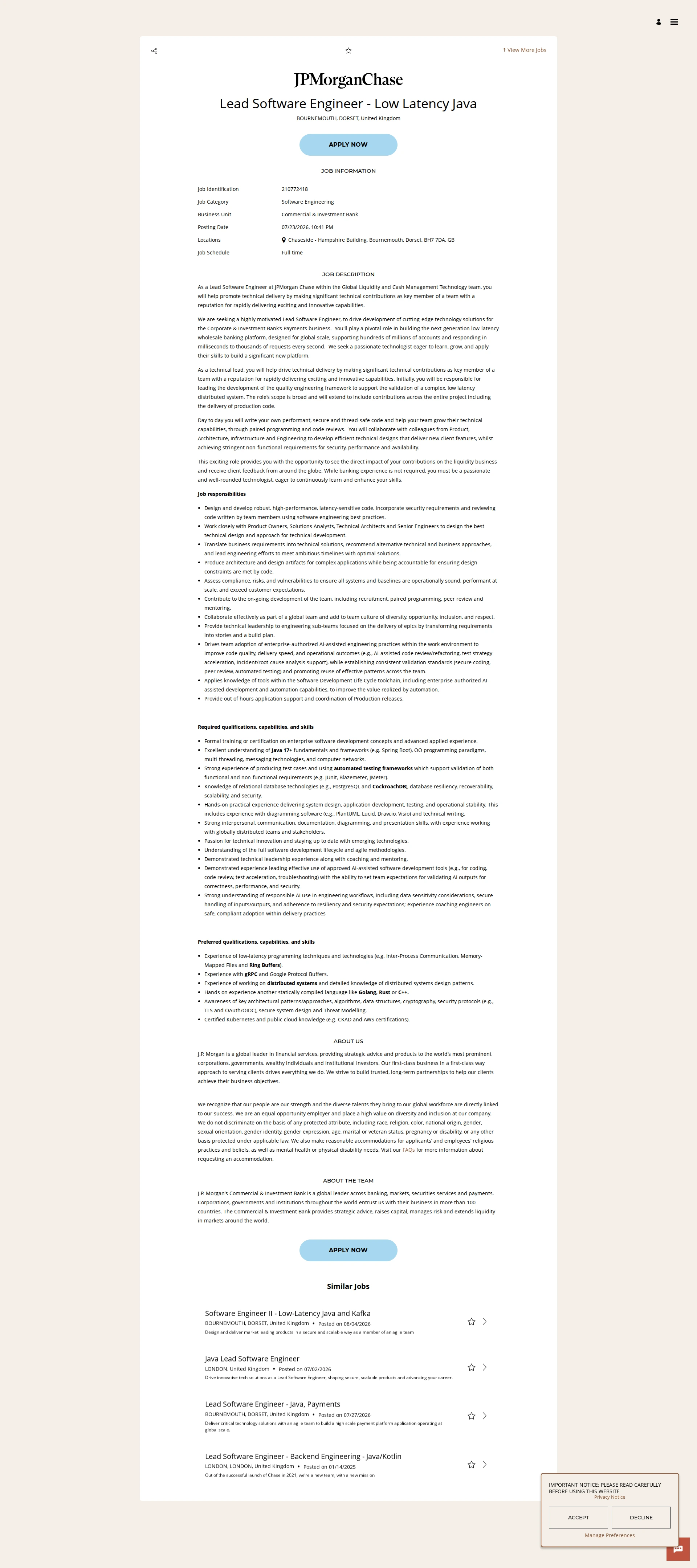 JPMorganChase Lead Software Engineer - Low Latency Java 채용공고
