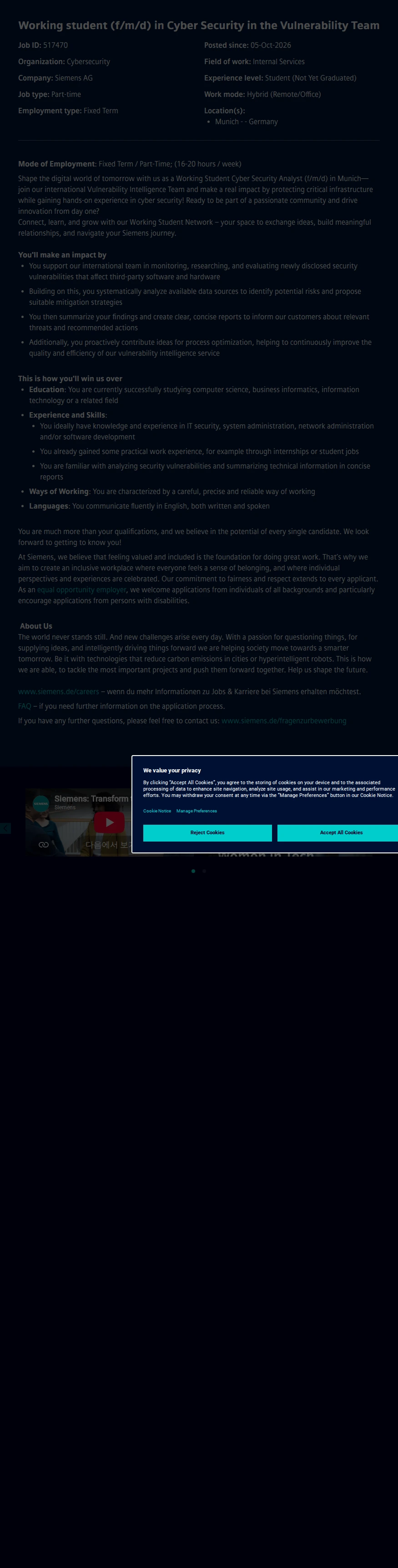 지멘스 Working student (f/m/d) in Cyber Security in the Vulnerability Team 채용공고