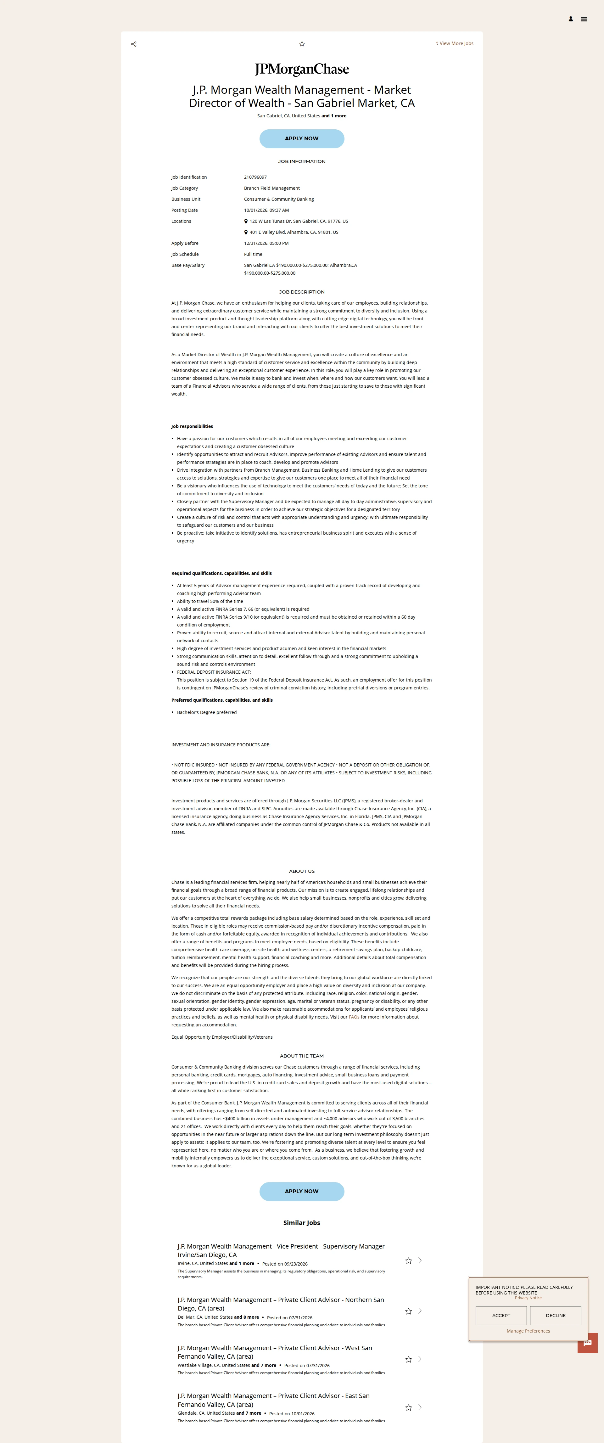 JPMorganChase J.P. Morgan Wealth Management - Market Director of Wealth - San Gabriel Market, CA 채용공고