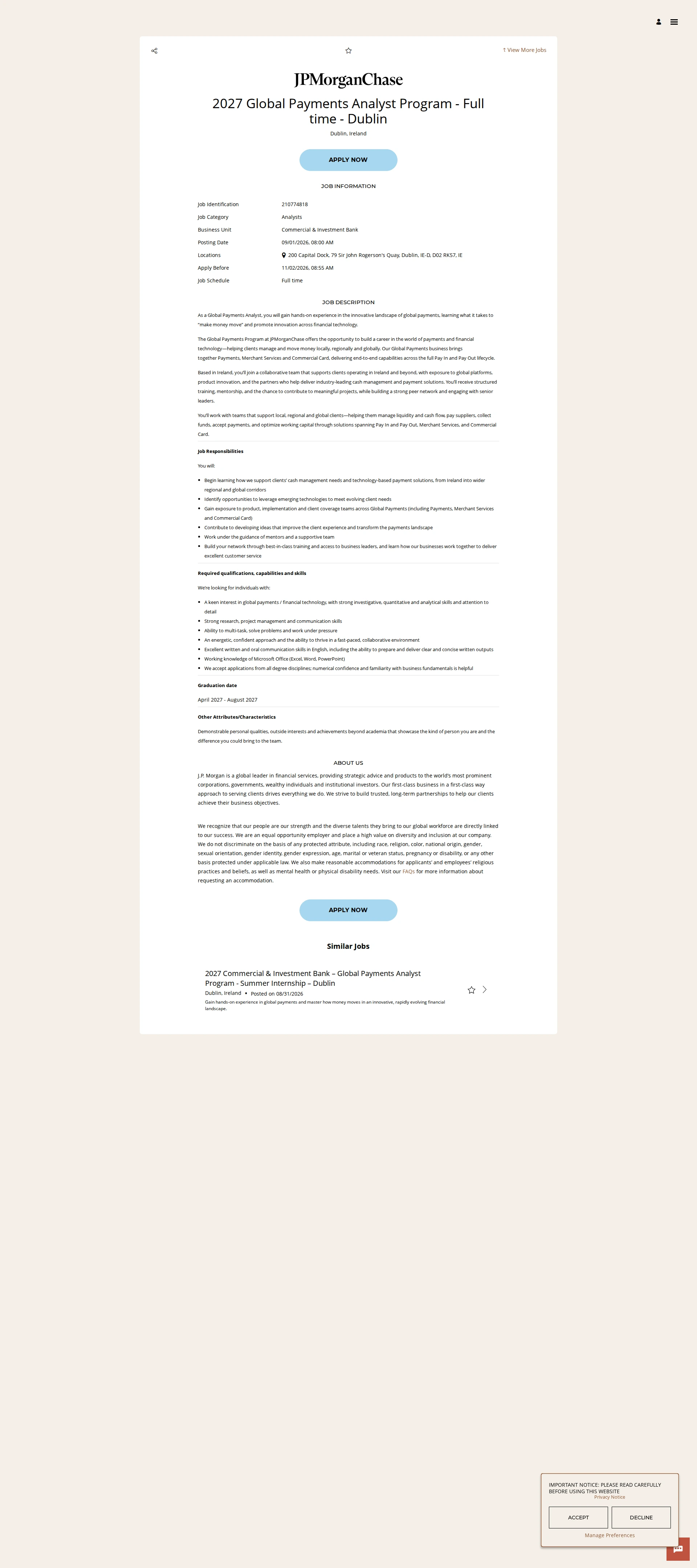 JPMorganChase 2027 Global Payments Analyst Program - Full time - Dublin 채용공고