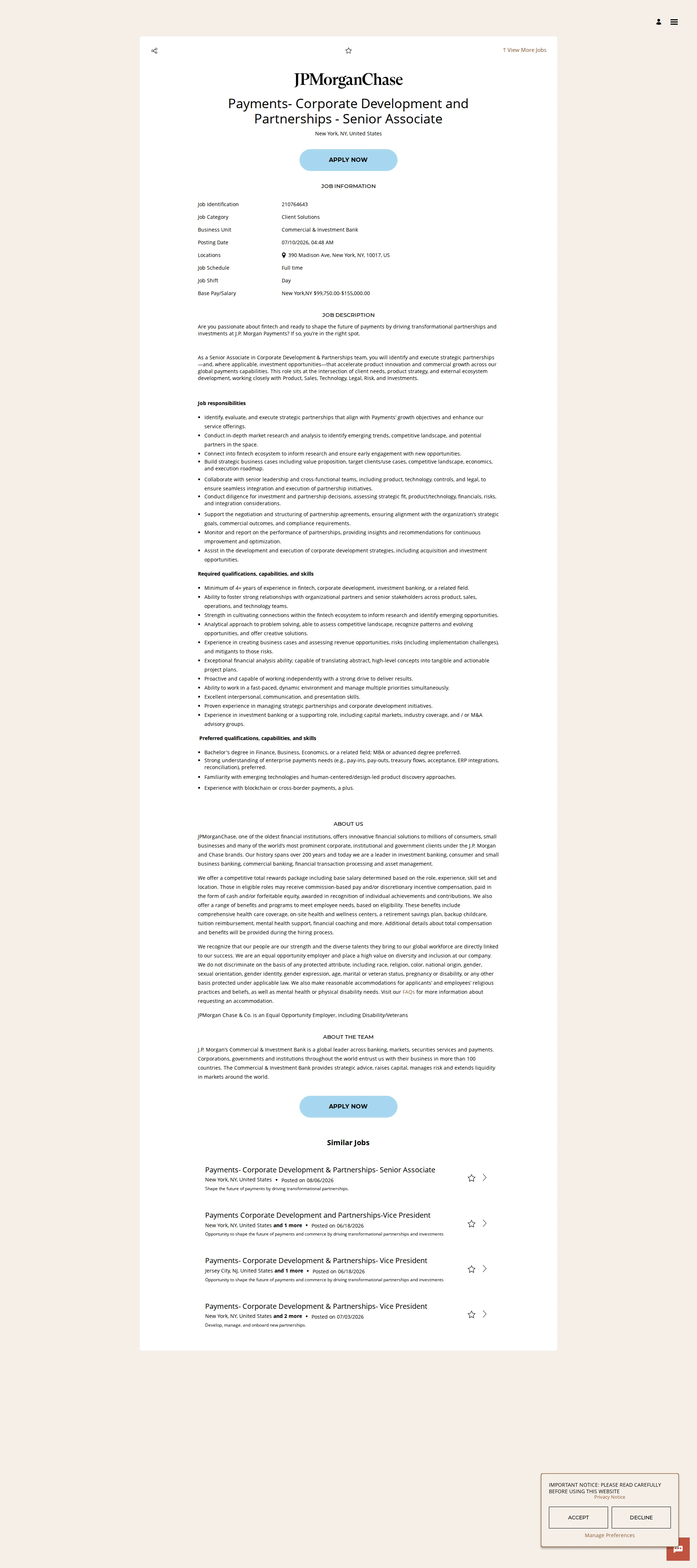JPMorganChase Payments- Corporate Development and Partnerships - Senior Associate 채용공고