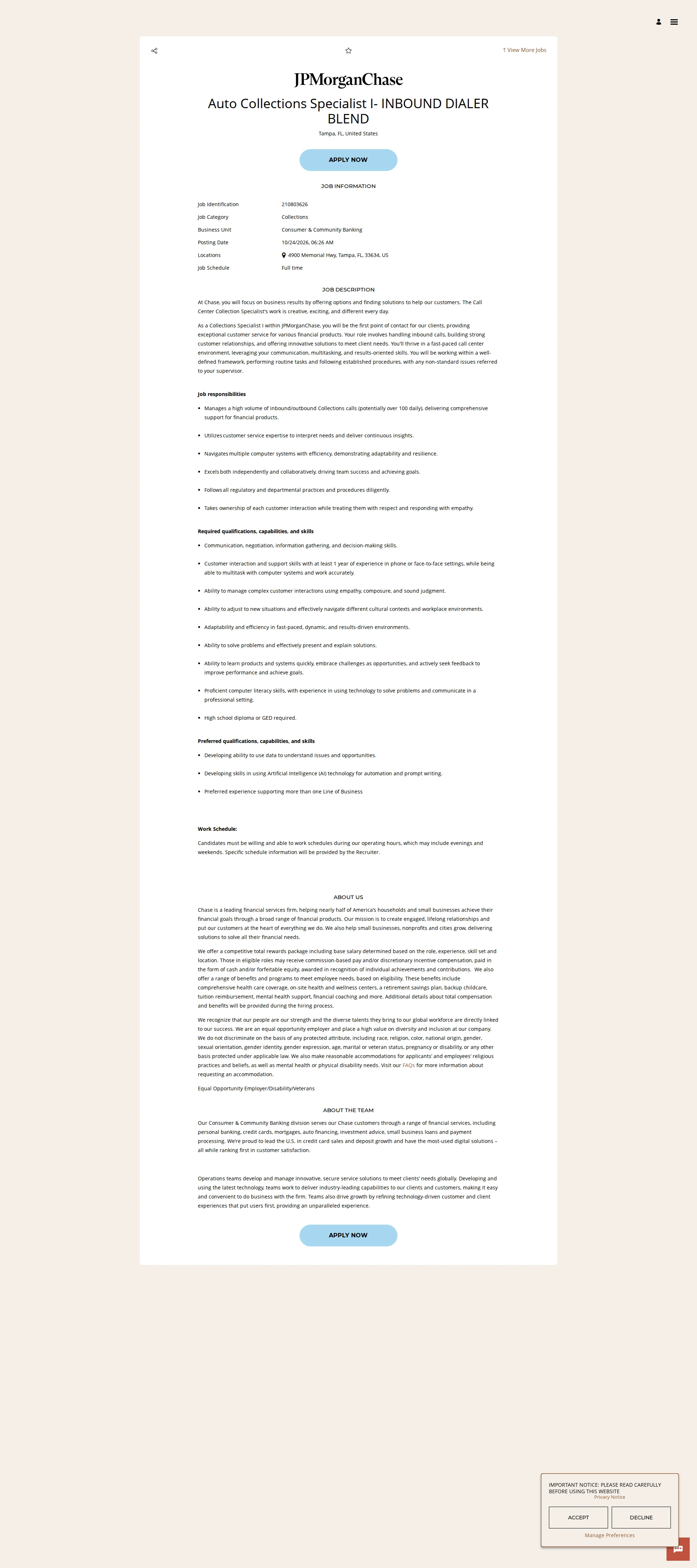 JPMorganChase Auto Collections Specialist I- INBOUND DIALER BLEND 채용공고