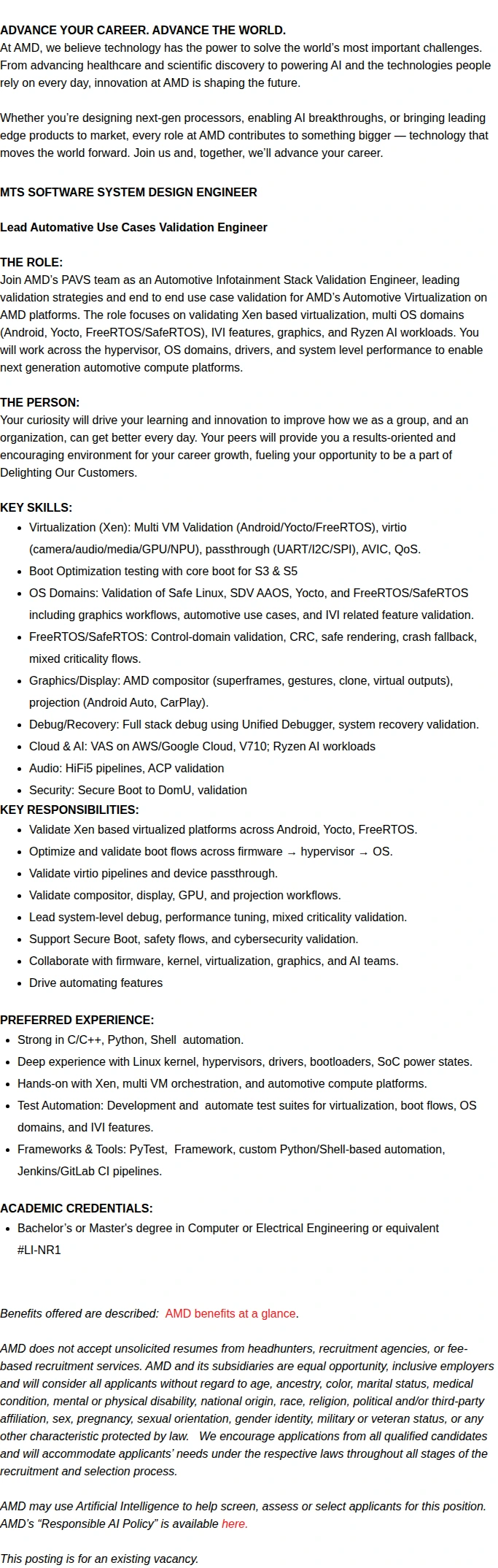 AMD Staff/Principal Automative Use Cases Validation Engineer 채용공고