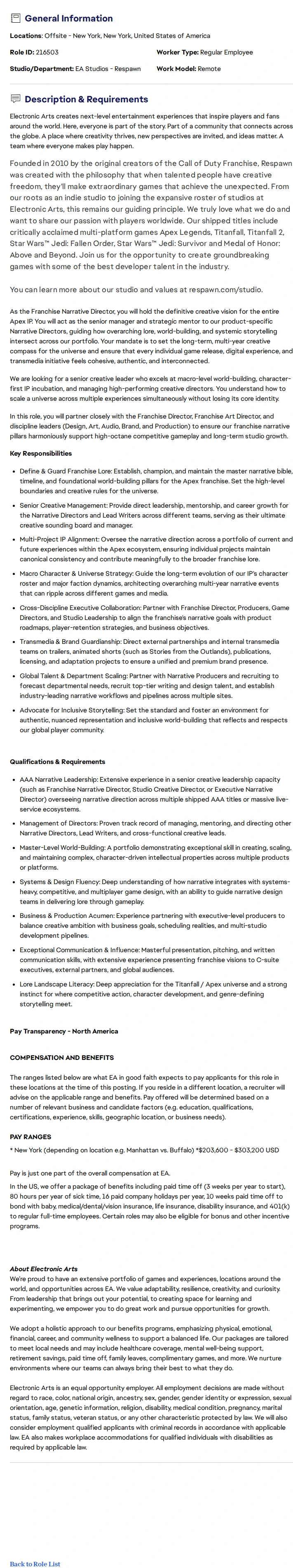 ElectronicArts Franchise Narrative Director (Apex Legends) 채용공고