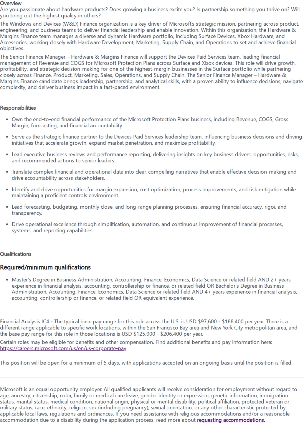 마이크로소프트(Microsoft) Senior Finance Manager - Hardware & Margins Finance 채용공고