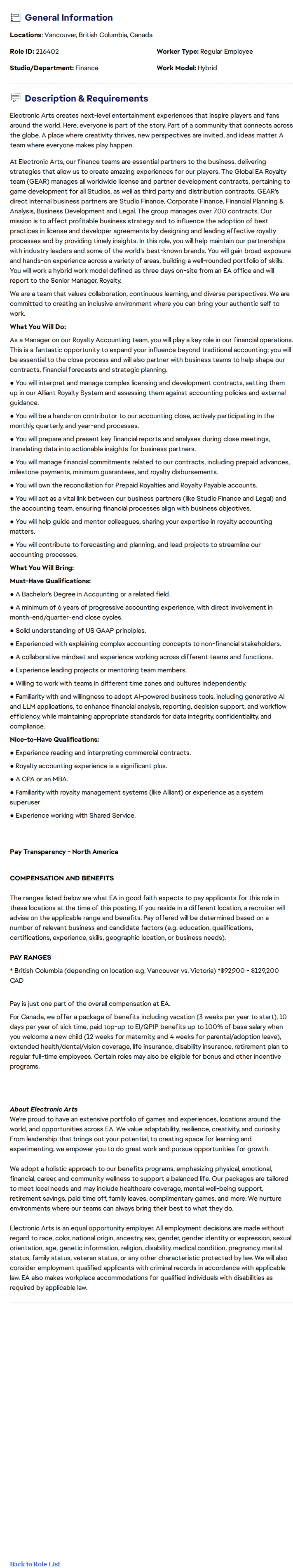 ElectronicArts Manager, Royalty (Finance and Accounting) 채용공고