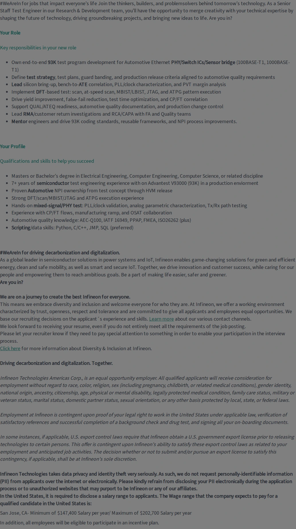 인피니언 Senior Staff Test Engineer - Technology & Solutions 채용공고