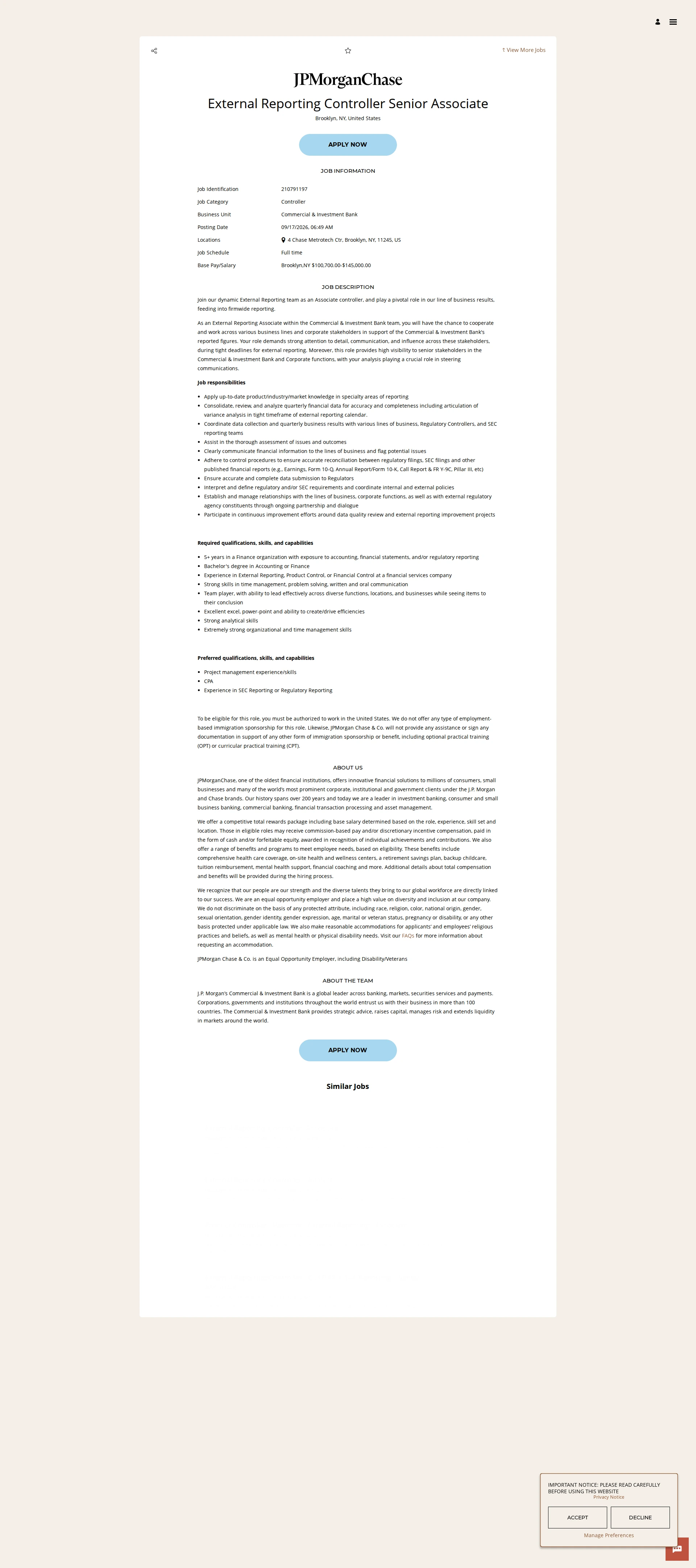 JPMorganChase External Reporting Controller Senior Associate 채용공고