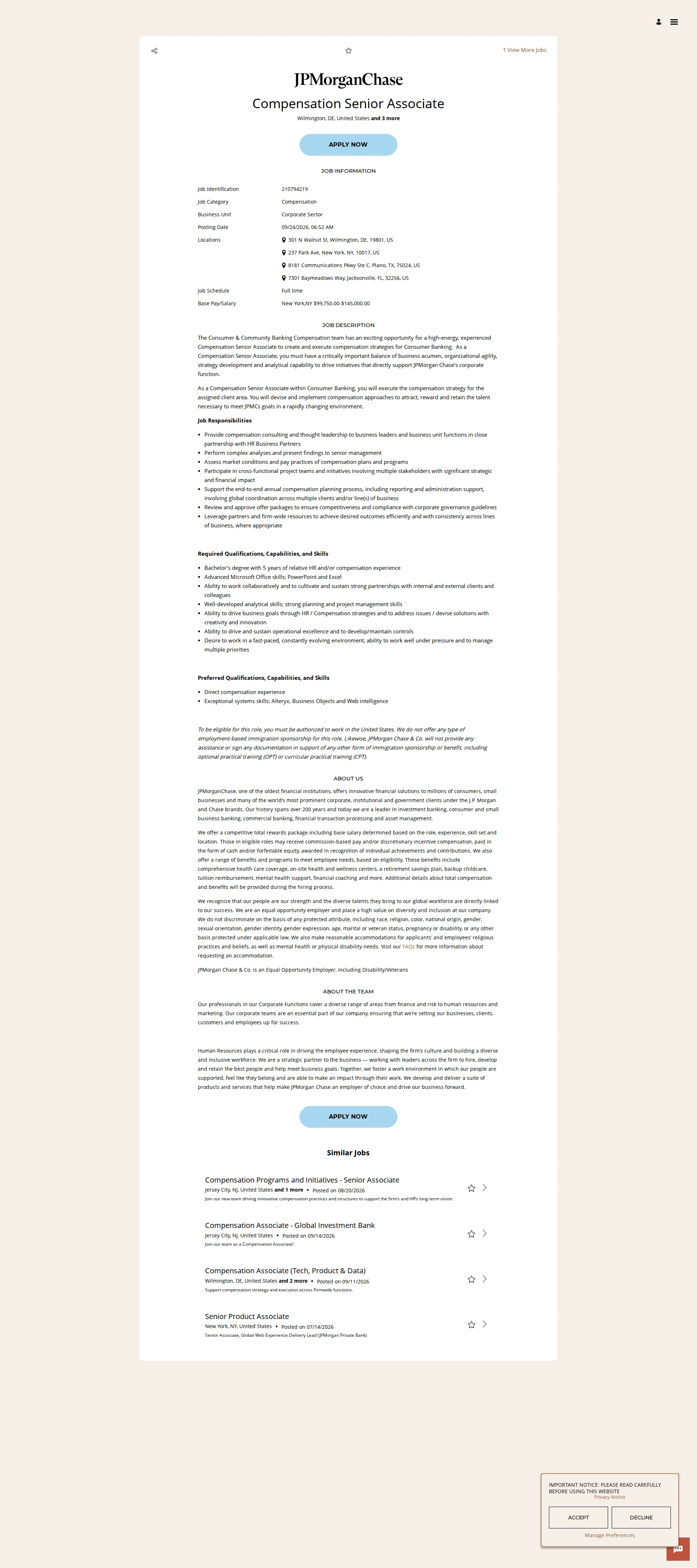 JPMorganChase Compensation Senior Associate 채용공고