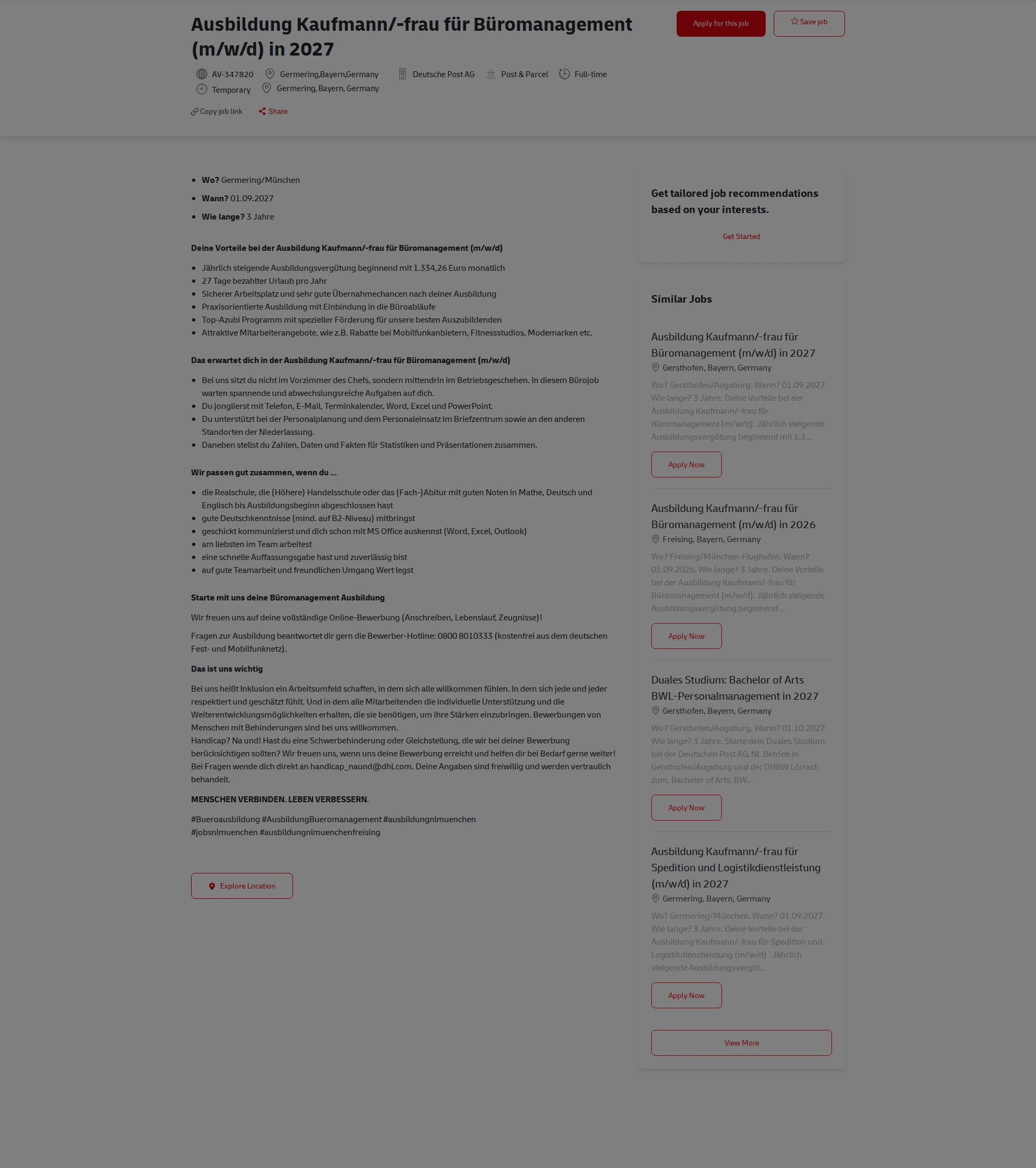 DHL Ausbildung Kaufmann/-frau für Büromanagement (m/w/d) in 2027 채용공고