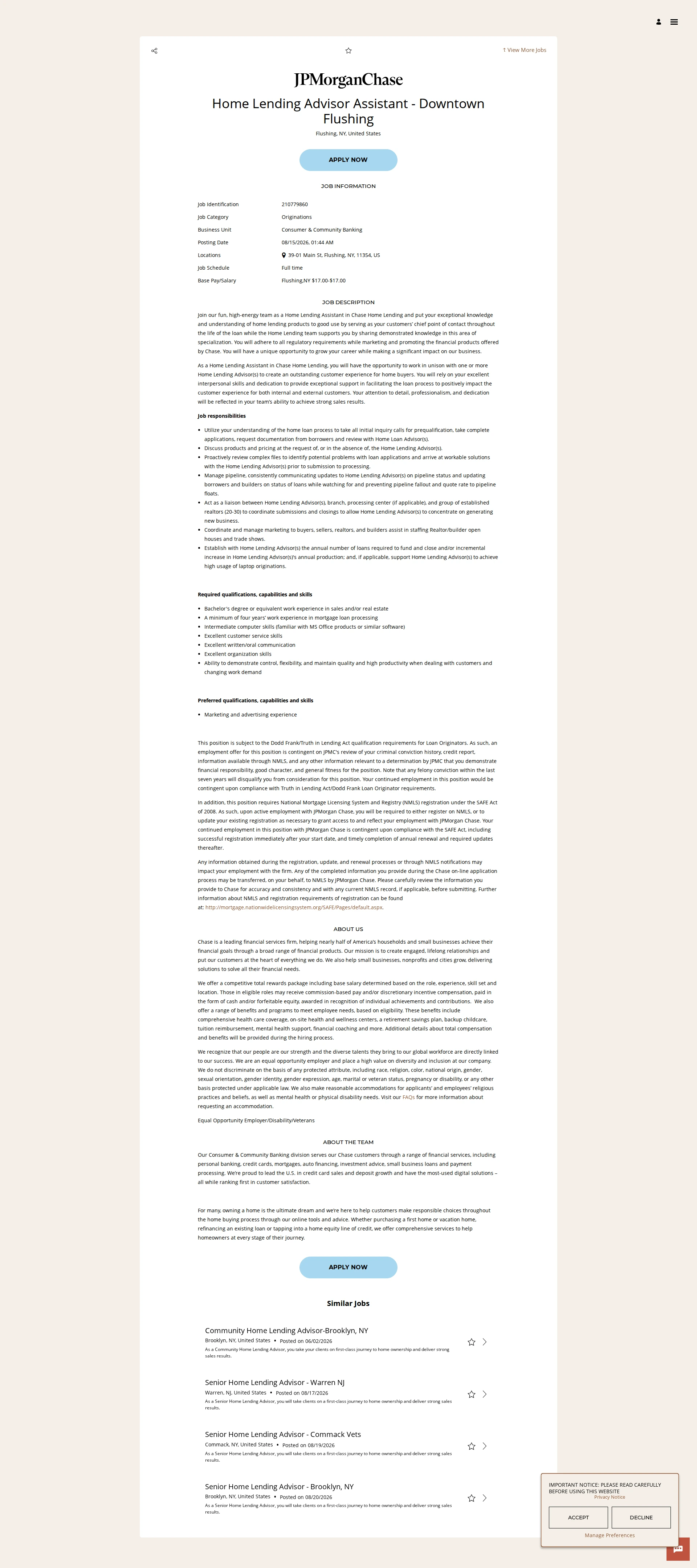 JPMorganChase Home Lending Advisor Assistant - Downtown Flushing 채용공고