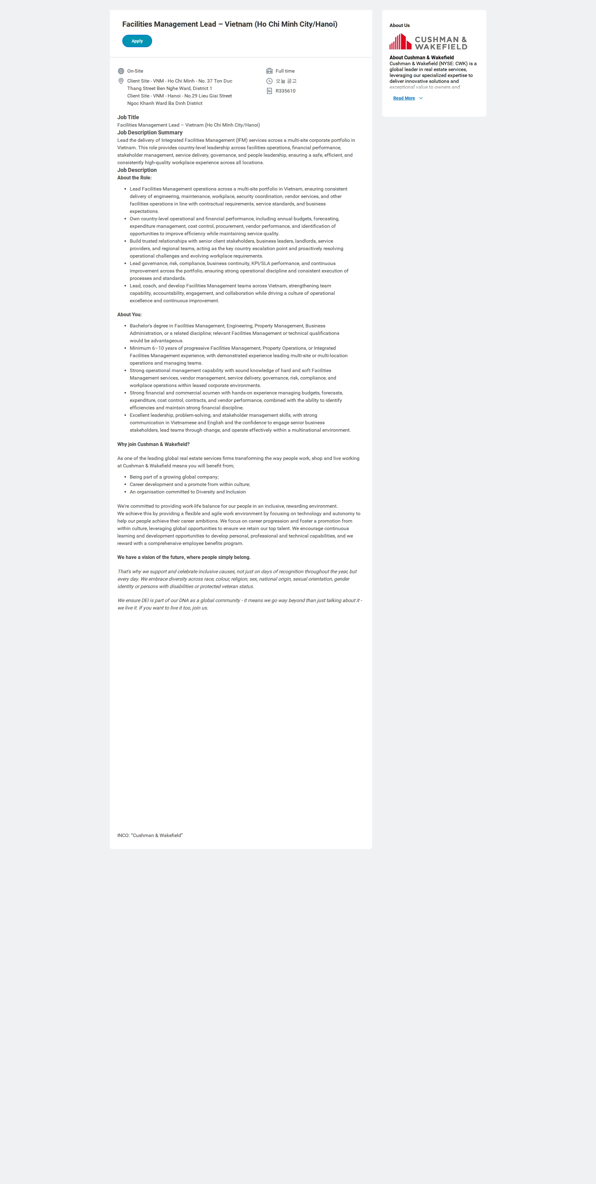 쿠시먼앤드웨이크필드 Facilities Management Lead – Vietnam (Ho Chi Minh City/Hanoi) 채용공고