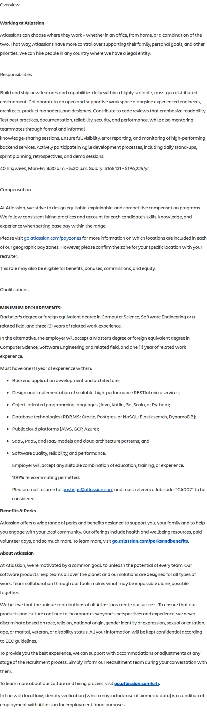 아틀라시안 Backend Software Engineer 채용공고