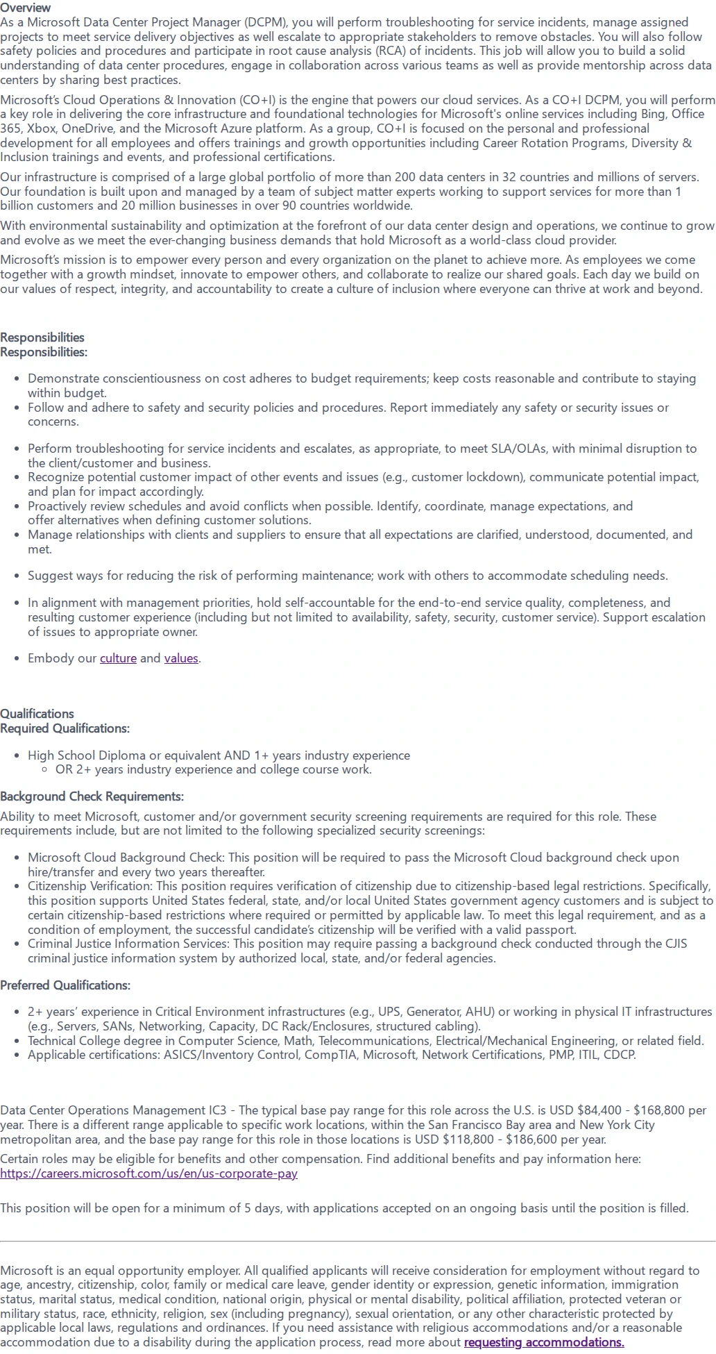 마이크로소프트(Microsoft) Data Center Project Manager 채용공고