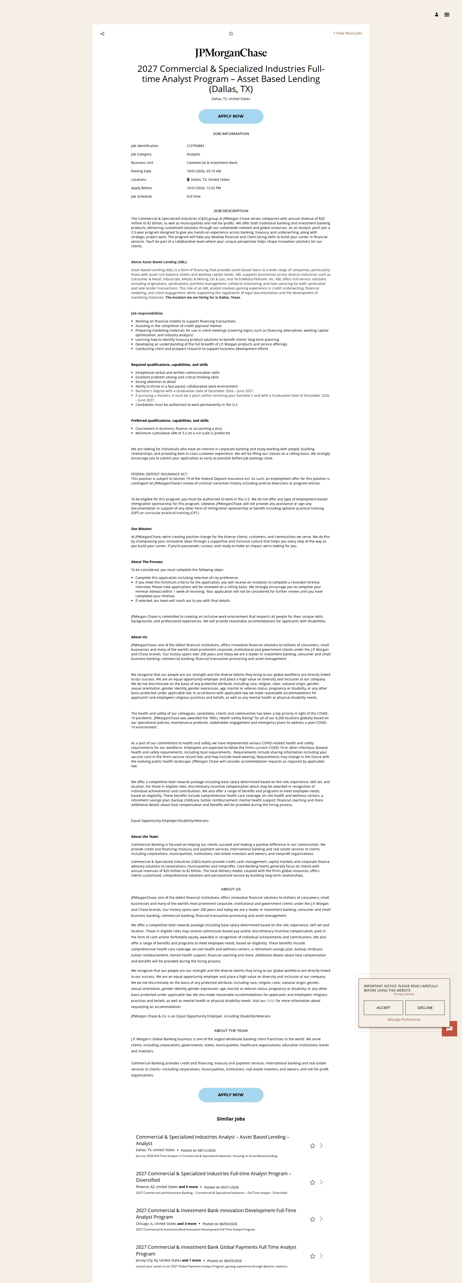 JPMorganChase 2027 Commercial & Specialized Industries Full-time Analyst Program – Asset Based Lending (Dallas, TX) 채용공고