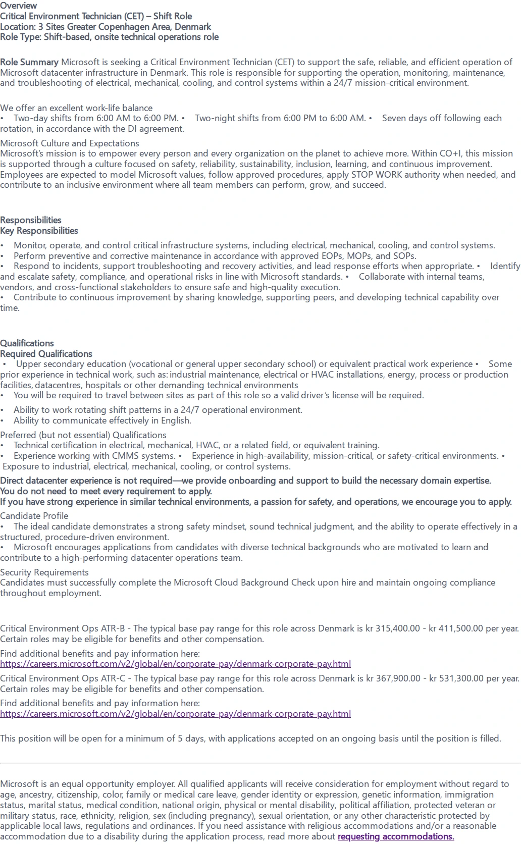 마이크로소프트(Microsoft) Critical Environment Technician (Shifts) 채용공고
