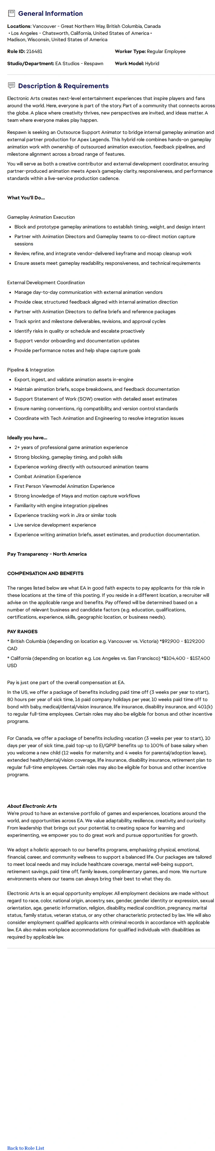 ElectronicArts Outsource Support Animator (Apex Legends) 채용공고